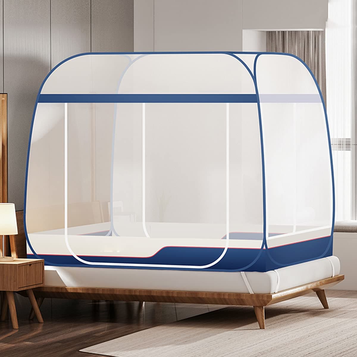Mosquito Net for Bed, Pop Up Portable Tent Travel Mongolian Yurt Neting Folding Double Doors with Bottom for Outdoor Trip Baby Kids Adult, No Need to Nnstall,Blue,150x195x155cm