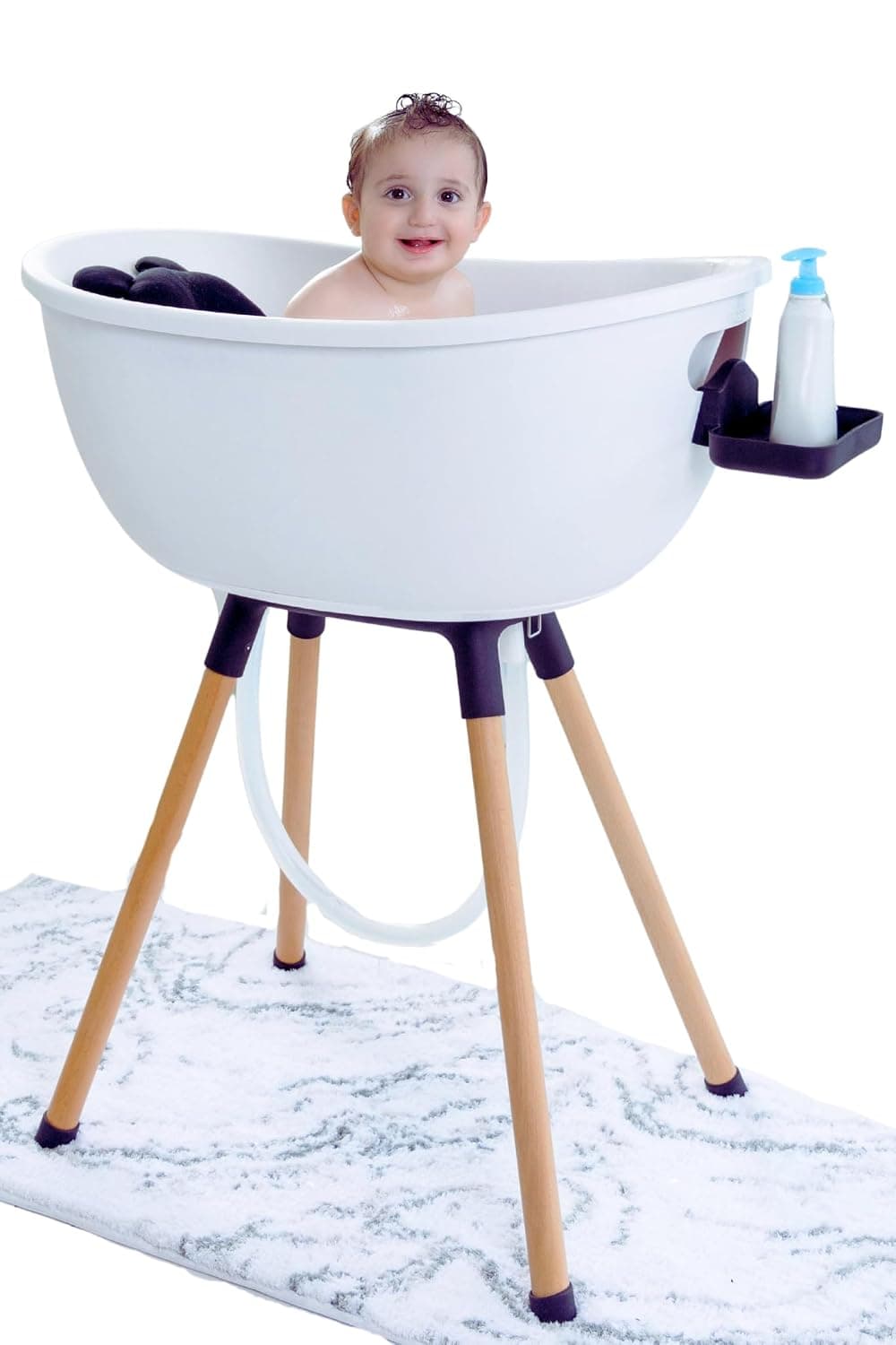 Luxury Standing Baby Bathtub, 3-Stage Convertible with Wooden Stand, Ergonomic Design, No Tray