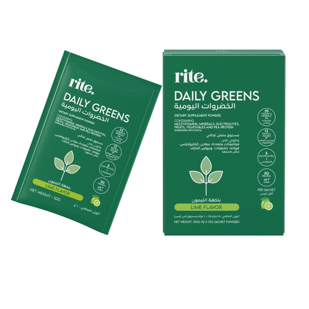 Rite DAILY GREENS, Complete Nutrition Powder, Daily Nutrition, 25 Vitamins and Minerals, 12 Vegetables and Fruits, 3g Protein, 6 Electrolytes, Sugar Free, Vegan, Lime Flavour (Pack of 15)