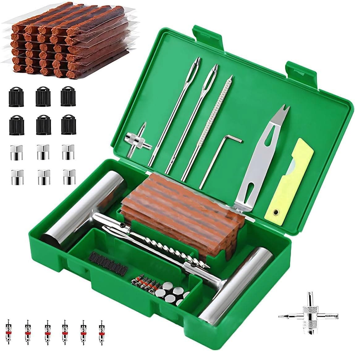 Tire Repair Kit 58pcs Heavy Duty Tire Plug Set, Quick Fix Puncture Plug Flat Patch Universal Emergency Car Tyre Puncture Repair Fix Tire Valve Tools for Car Motorcycle Truck Tractor Trailer ATV RV SUV