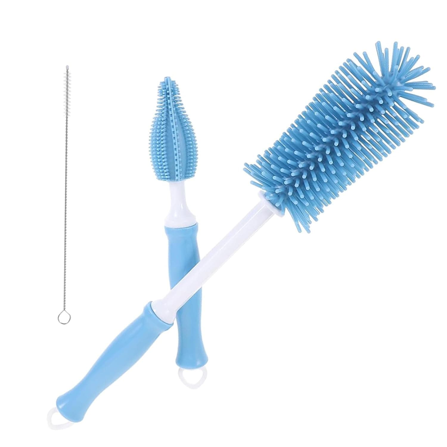 ToolHouse 3-In-1 Straight Handle Silicone Bottle Brush, Portable Water Bottle Cleaner, Hangable Bottle Cleaning Brush Kit with Bottle Brush, Straw Brush, Nipple Brush (Blue)