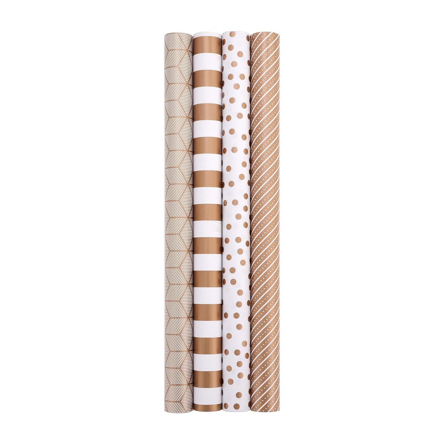 Gold Wrapping Paper Roll 4 Rolls 44cm x 3M, Striped Dot Design Gift Wrap for Birthday Party Wedding, Festive Wrapping Paper for Baby Shower Decorations