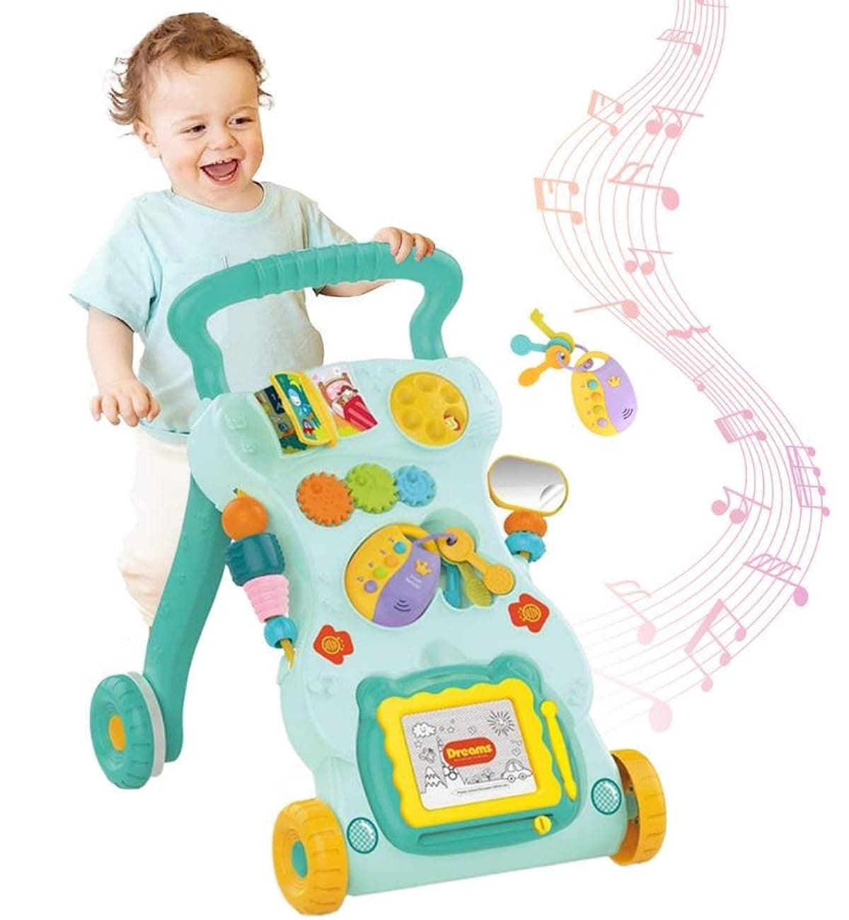 3 in 1 Baby Walker with Drawing Board and Remote for Girls and Toddlers, Sitting and Standing Baby Walker, Activity Table, Early Push-Thru Walker, Standing Toys for Babies 8 to 36 Months (Green)