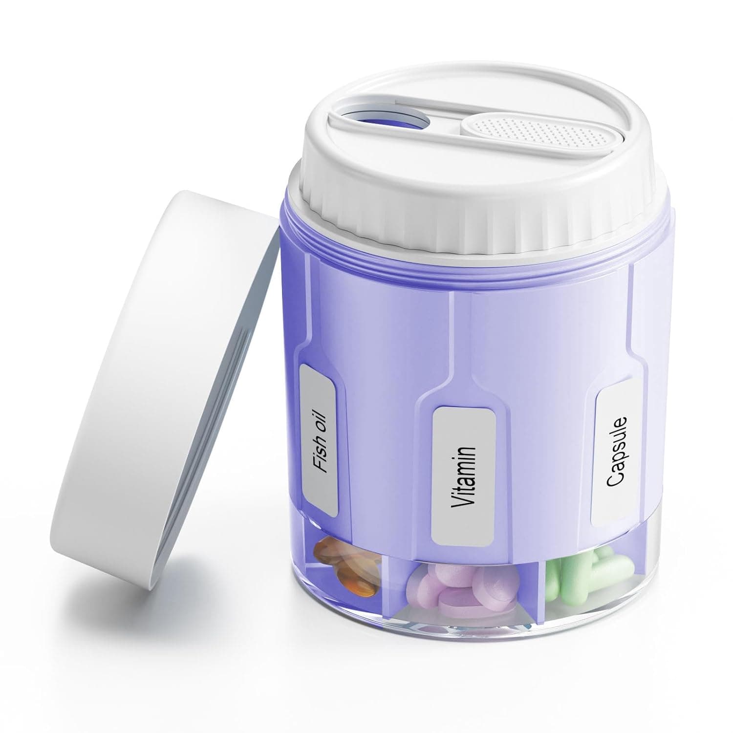 Daviky Pill Bottle Organizer, 7 Large Compartments, Travel Pill Dispenser | Seven large compartments organize daily pills, vitamins and supplements, with dual lids for convenient storage and travel