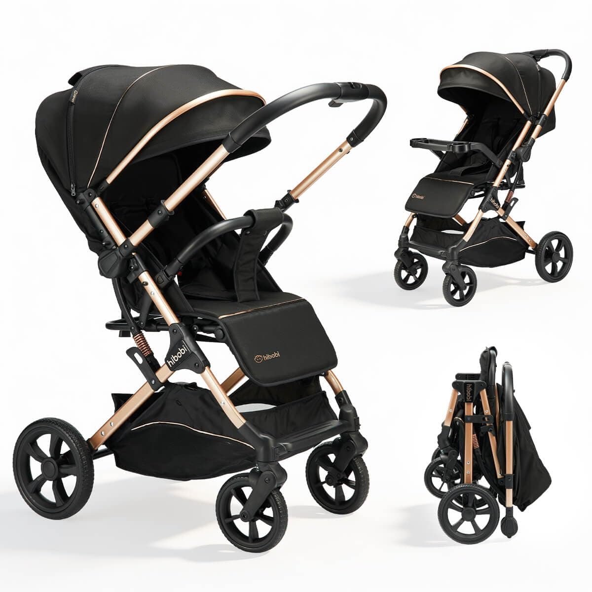 Hibobi Cirro Premium Reversible Baby Stroller - Compact Foldable Stroller, One-Hand Easy Fold with Detachable Snack Tray & All-Wheel Suspension for Toddlers, Black & Gold
