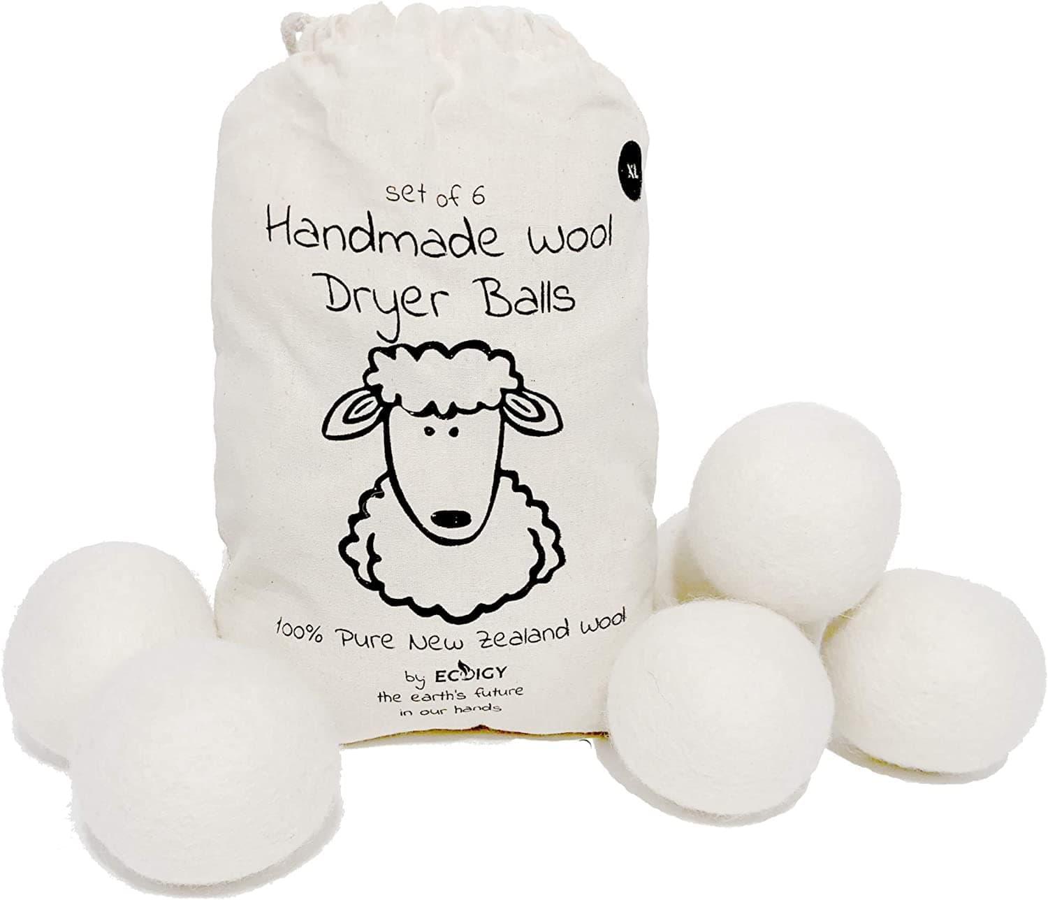 Ecoigy Wool Dryer Balls Organic XL 6-Pack by, Reusable Natural Fabric Softener for Laundry, Dryer Sheets Alternative, New Zealand Wool, Speed Up Dry Time, Cut Energy Costs
