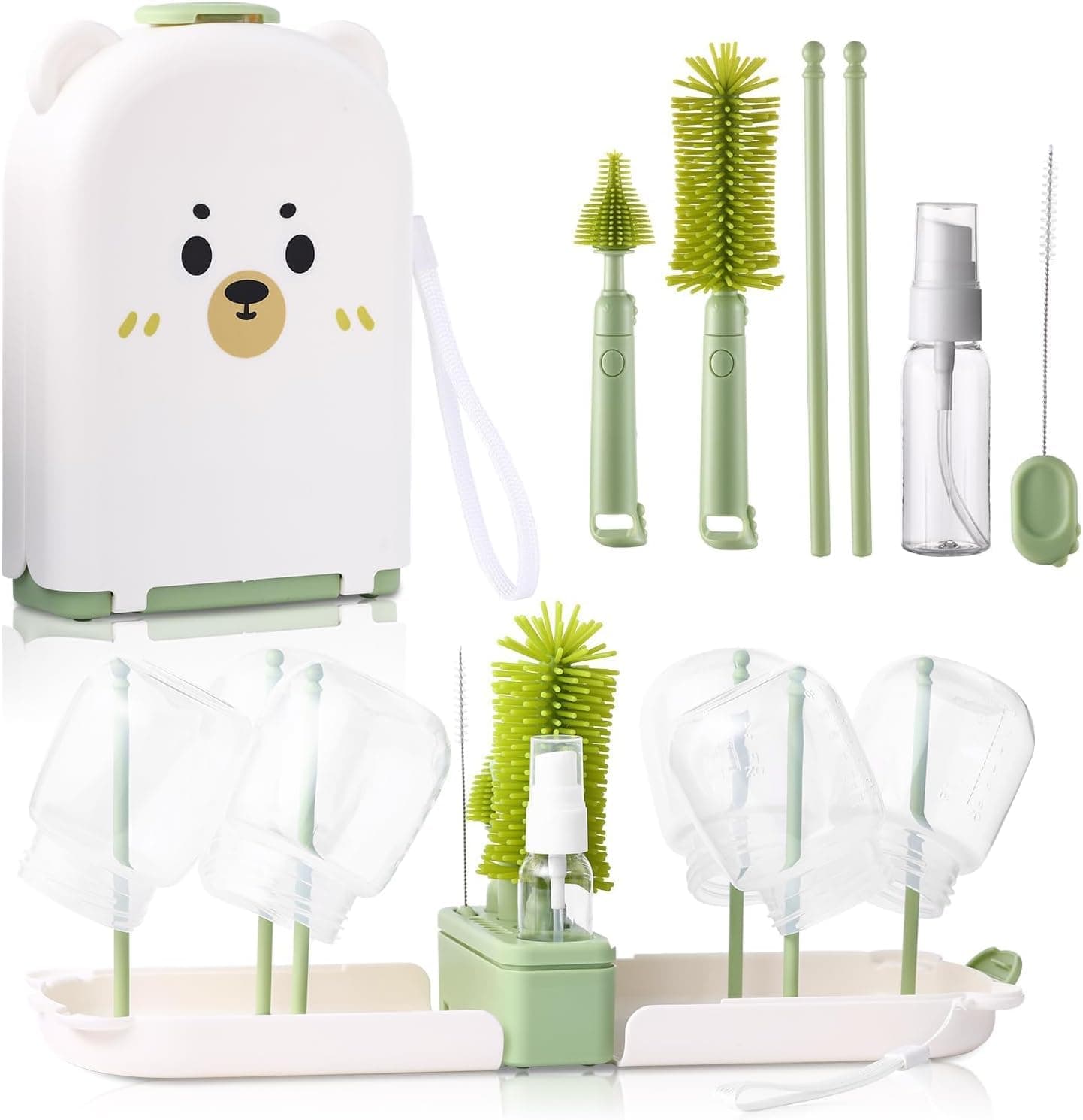 Travel Baby Bottle Cleaning Kit: Baby Bottle Drying Rack & Cleaner Brush Set - with Extendable Silicone Bottle Brush - Portable Travel Bottle Cleaning Kit with Carrying Case
