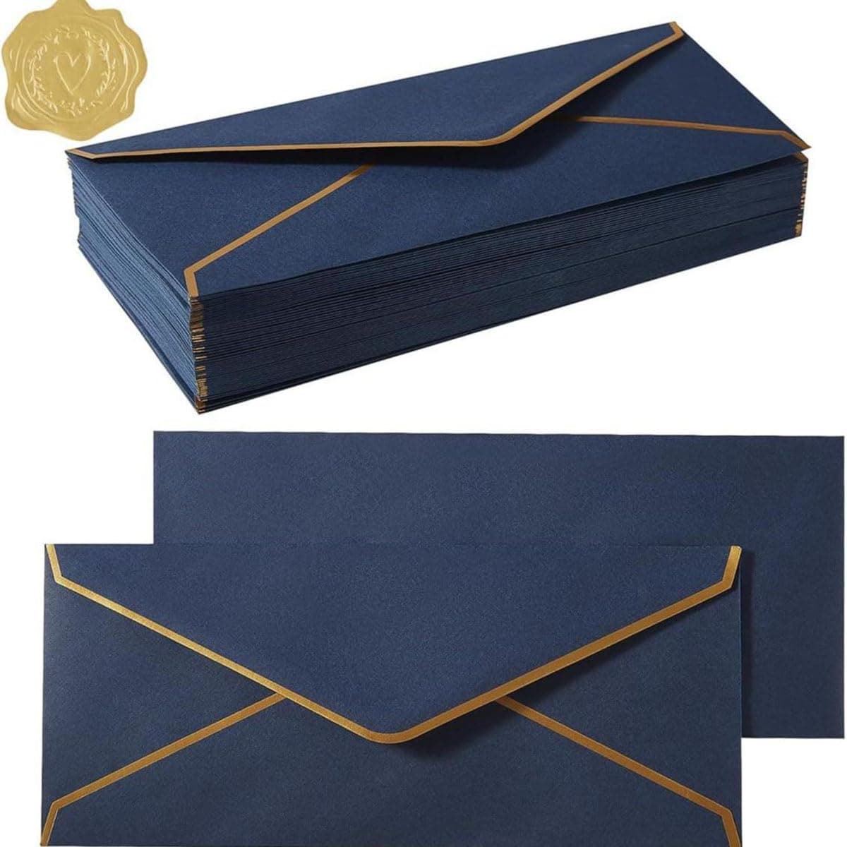YelaJoy 30 PCS Dark Blue Business Envelopes, Gold Border Letter Envelopes with Sealing Stickers, Elegant Stationery for Office Documents, Checks, Invoices and Invitation Mailing