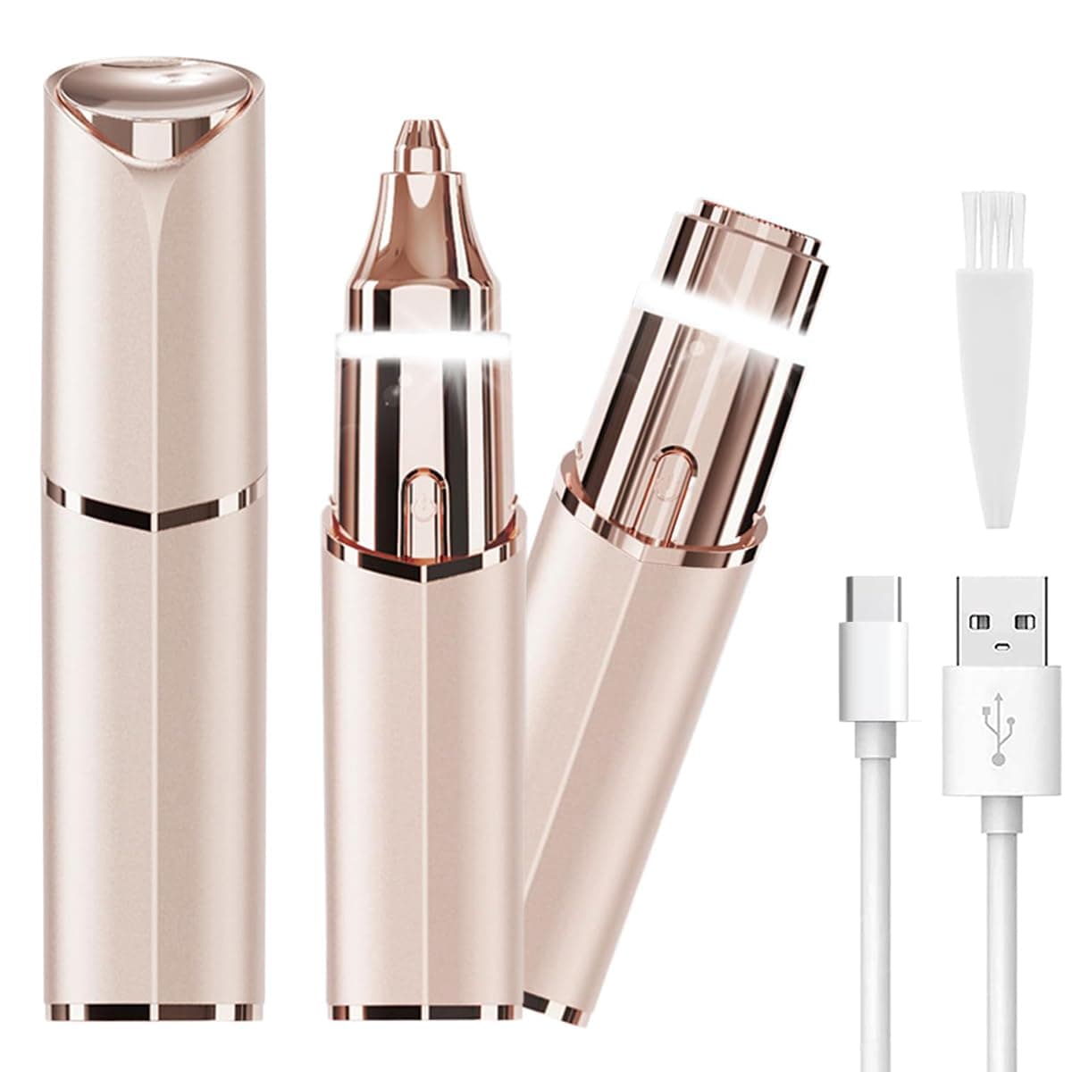 Eyebrow & Facial Trimmer, 2 in 1 Electric Facial Hair Removal & Eyebrow Shaver for Women, Rechargeable & Painless, Built-in LED Light (Rose Gold)