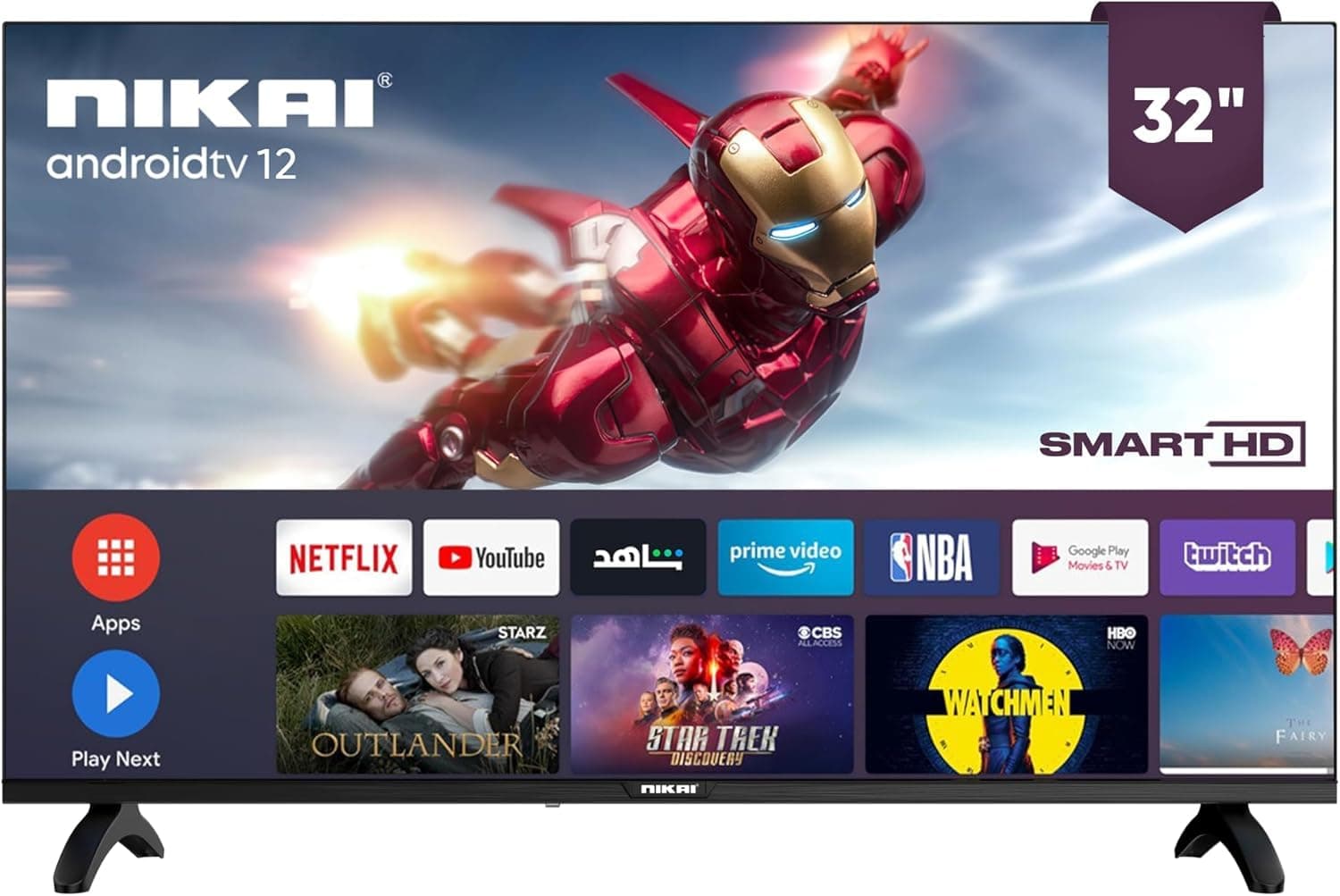 Nikai 32 Inch Smart HD LED TV, 1366 x 768 Resolution, Android TV with Wi-Fi & DLNA, Quad-Core Processor, 16W Speaker Power 2x HDMI, 2x USB, Netflix, YouTube, Shahid NTV3200SLED Black