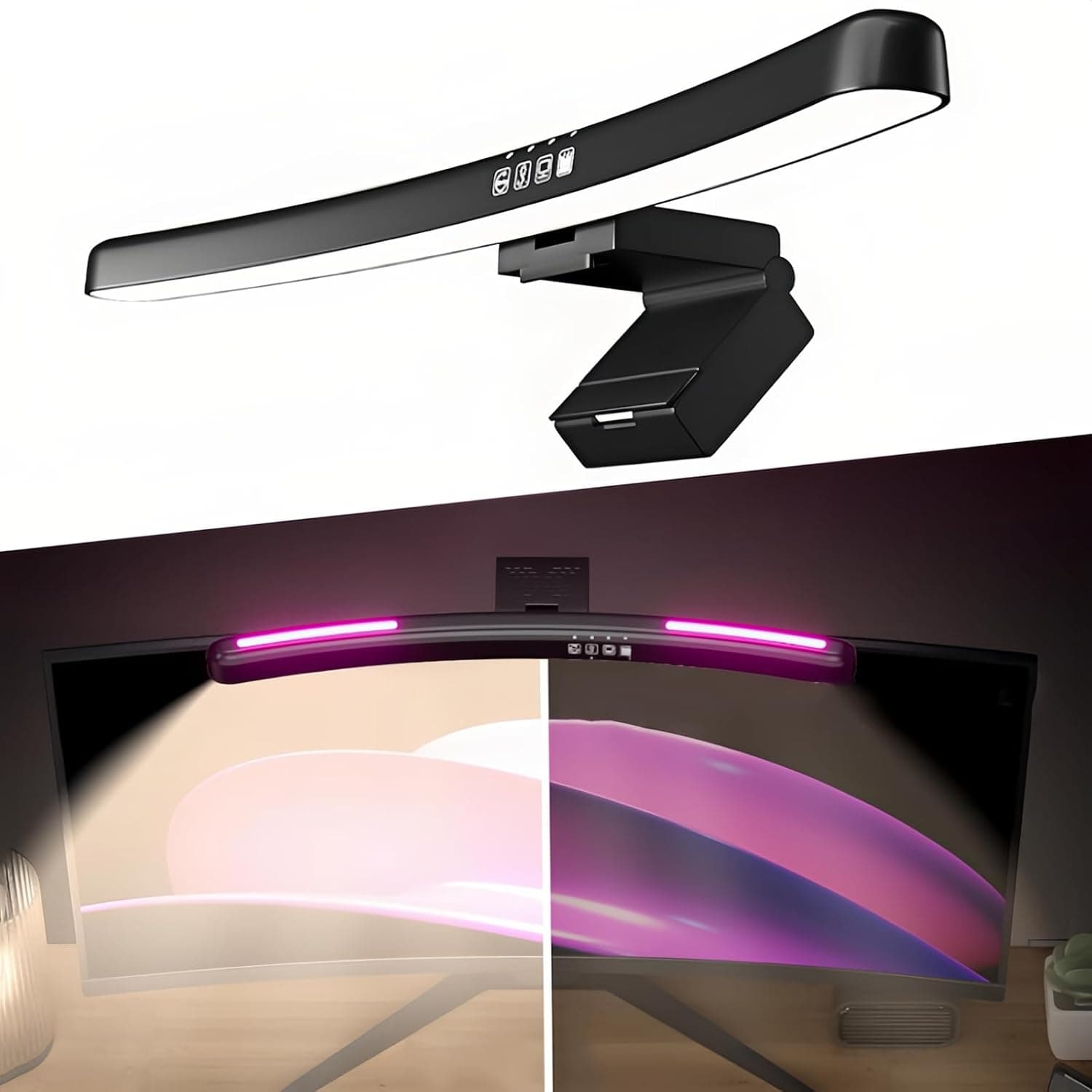 Gaming Monitor Lamp, Monitor Light Bar with RGB Backlight, Eye Caring No Screen Glare LED Light, 3 Color Temperature & Dimmable, Touch Control, for PC Gaming/Office/Learning/Party(Curved)