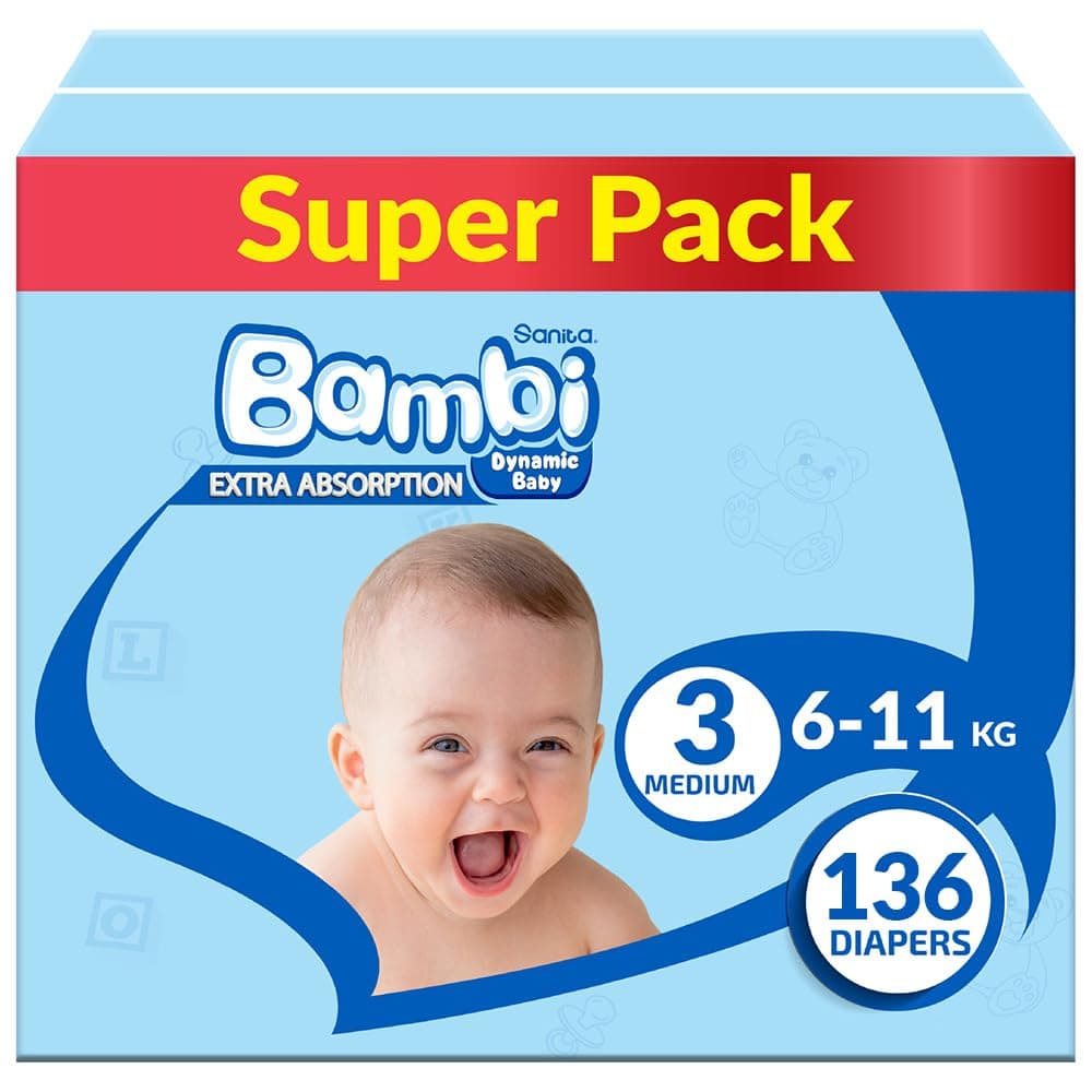 Sanita Bambi, Size 3, Medium, 6-11 Kg, Super Box, 136 Diapers (Package May Vary)