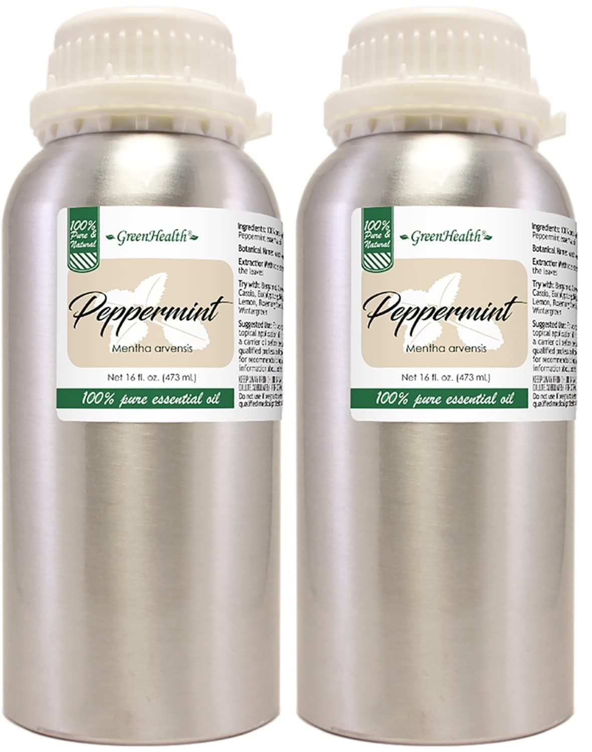 2 (Two) Bottles - 16 fl oz Peppermint Essential Oil (100% Pure & Uncut), Aluminum Bottle - GreenHealth