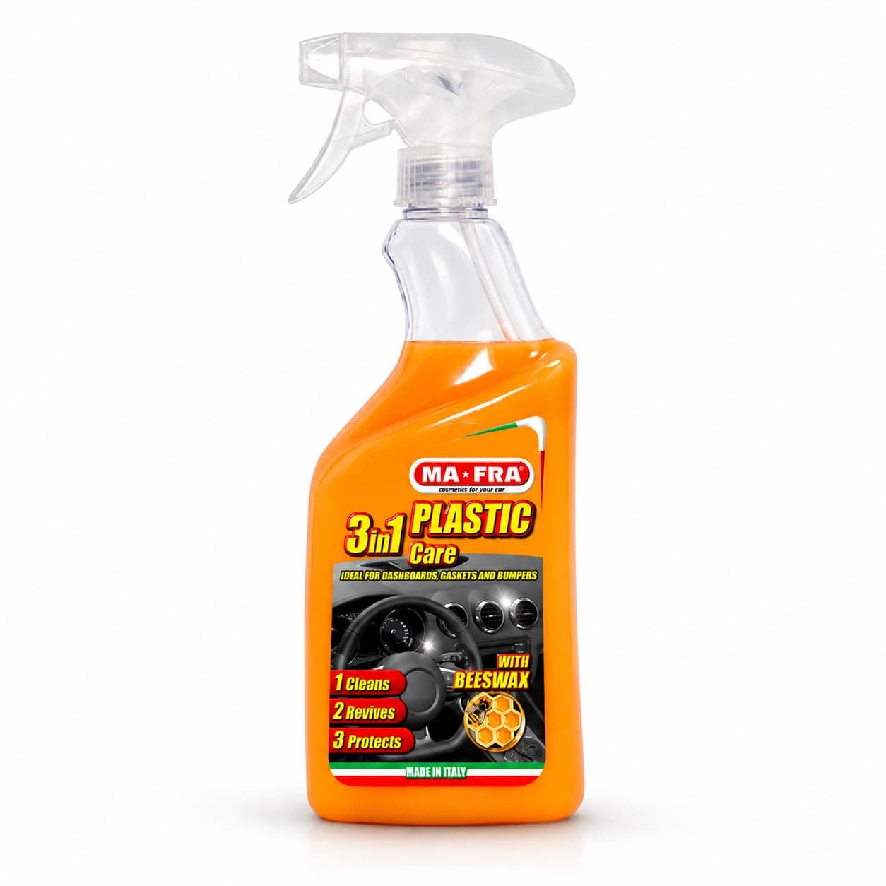 Mafra Plastic Care 3 in 1 500ml : cleans, renews and protects plastic parts inside the car and works to protect against UV radiation