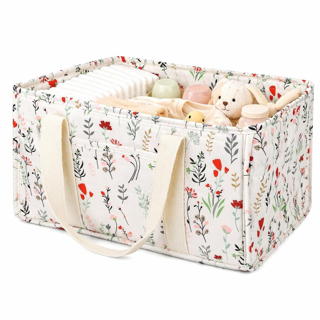 Zirax Nappy Caddy Organiser, Portable Baby Diaper Caddy with Detachable Compartments, Nursery Storage Basket for Newborn Essentials, Baby Shower Gifts for Boys and Girls, 1 Pack (Wildflower Beige)