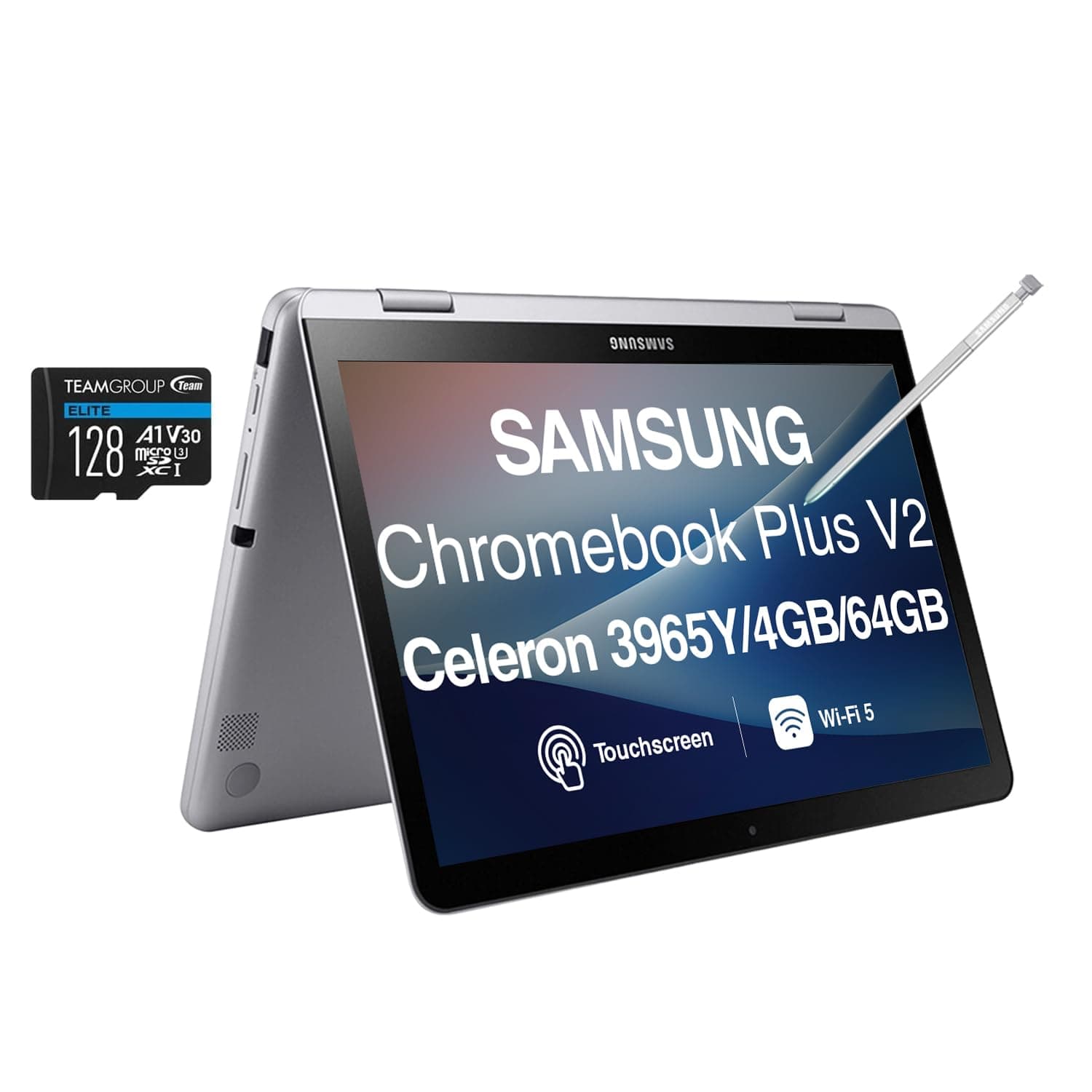 SAMSUNG 12.2" FHD 2-in-1 Touchscreen Chromebook Plus Laptop (Intel Celeron 3965Y 2-Core, 4GB RAM, 192GB Storage (64GB SSD+128GB Micro SD Card), Stylus Pen, Wireless Mouse, WiFi, Chrome OS)