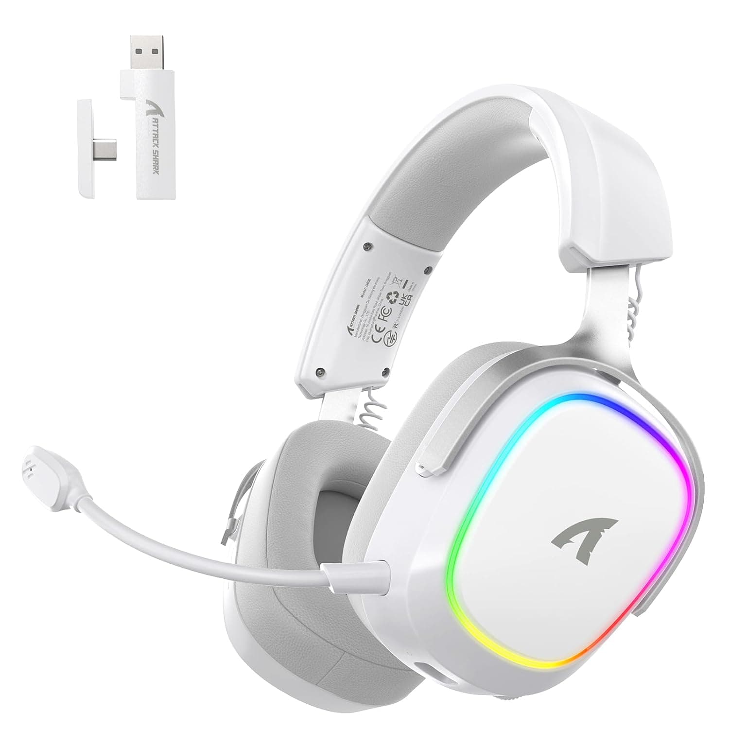 ATTACK SHARK G800 Wireless RGB Gaming Headset:7.1 Surround Sound-50mm Drivers-Memory Foam Ear Pads,Wired/2.4Ghz/BT,Ultralight,Durable Aluminum Frame,Detachable Mic,Programmable for PC Mac Gamer(White)
