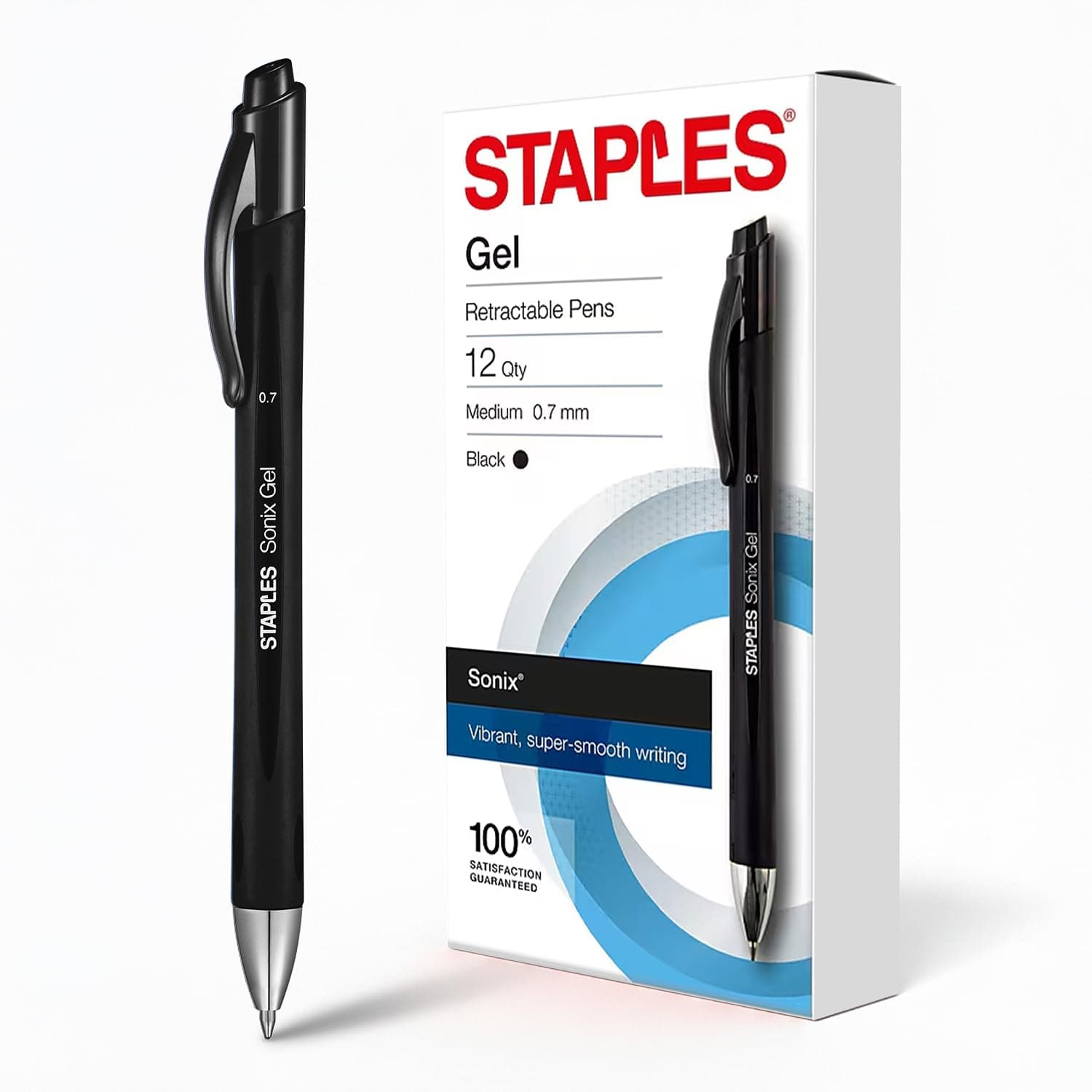 Staples 651254 Sonix Retractable Gel-Ink Pens Medium Point Black Dozen (13561-Cc) | Crisp-line writing with a pocket clip for everyday office or school use.