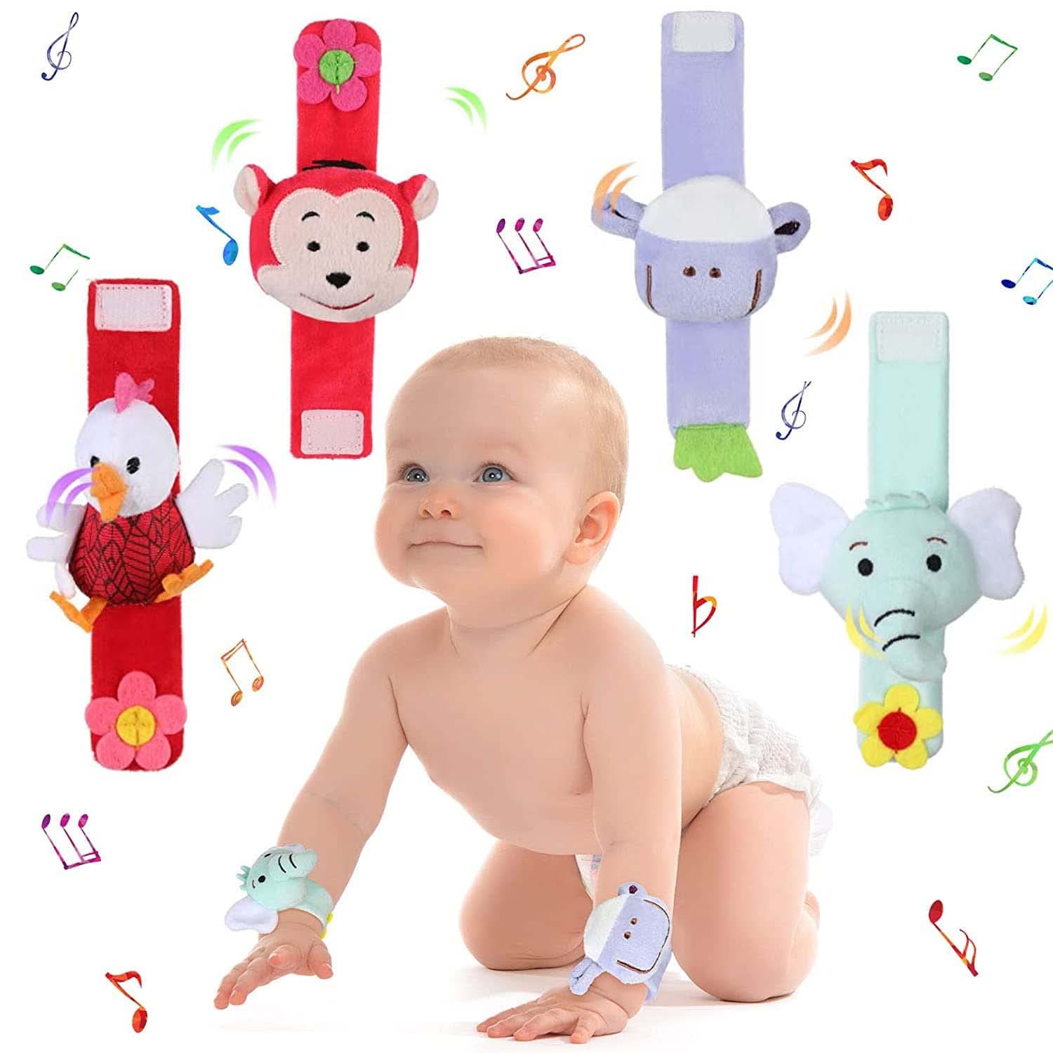 Baby Soft Rattle, Baby Infant Wrists Rattle and Foot Rattles Finders Socks Set, Hand Arm Rattle Ring,Feet Ankle Wear for Newborn Baby Boys & Girls, 4 Designs
