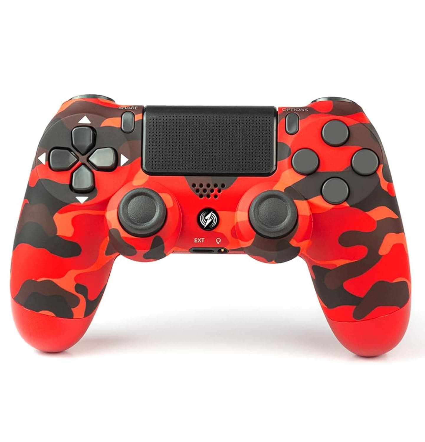 يد تحكم ألعاب فيديو من لوج إلكترونيكس موديل وايرلس كنترولر للبلايستيشن 4، لاسلكية، متوافقة مع P4، مع تتش باد واستشعار حركة ومنفذ سماعات وشريط إضاءة، بلون كامو أحمر