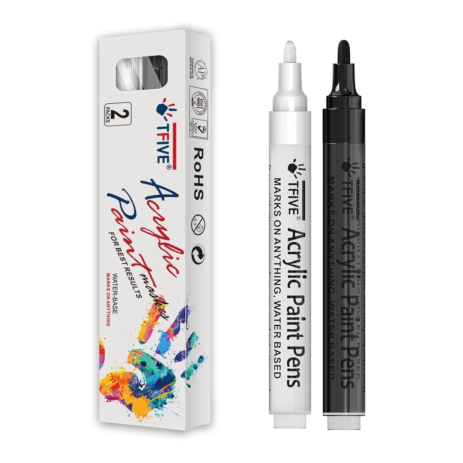 TFIVE White & Black Acrylic Paint Markers, 2 Permanent Markers Paint Pens | Waterproof, Quick Dry, Medium Tip, Water Based Marker Pens for Rock Painting, Wood, Metal, Plastic, Canvas, Glass, Ceramic