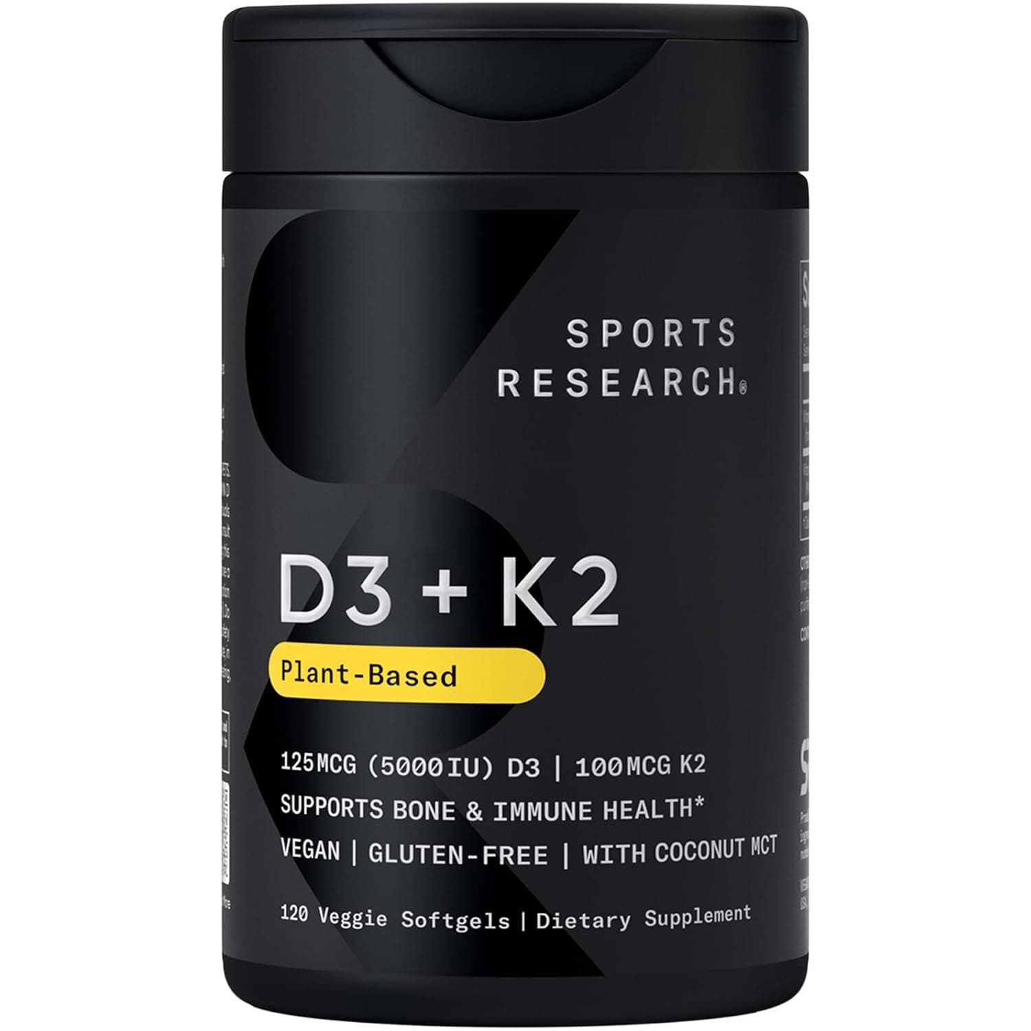 Sports Research® Vegan Vitamin D3 + K2 w/Coconut Oil, 120 Count Plantgels™ | Plant-Based Vitamin D 5000iu/125mcg & Soy-Free Vitamin K 100mcg for Bone & Immune Support - Vegan Certified · Non-GMO