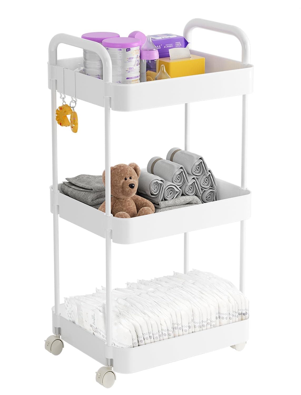 Volnamal Baby Diaper Caddy Organizer, 3-Tier Movable Diaper Cart with Wheels, Newborn Essentials Must Haves, Diaper Caddy for Wipes & Baby Diapers, Baby Registry Search - Plastic White | Multi-Functional Diaper Organizer for Wipes & Diapers, Newborn Essentials Must Haves, Easy to Assemble, Baby Registry Search