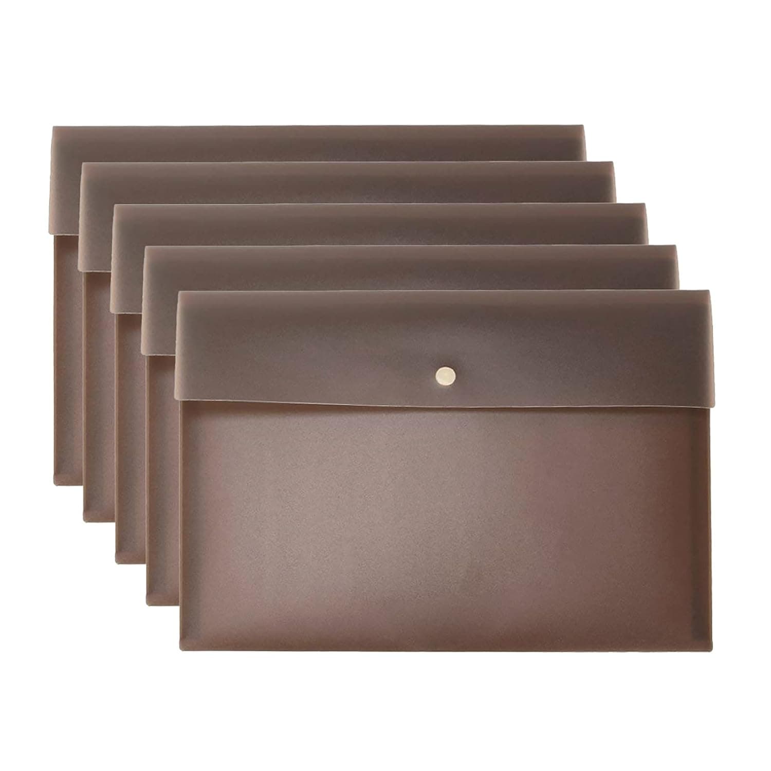 VANRA Poly File Folder Pockets File Jacket Plastic Envelope Flat Document Letter Organizer with Snap Button Closure A4 Letter Size (Pack of 5, Brown)