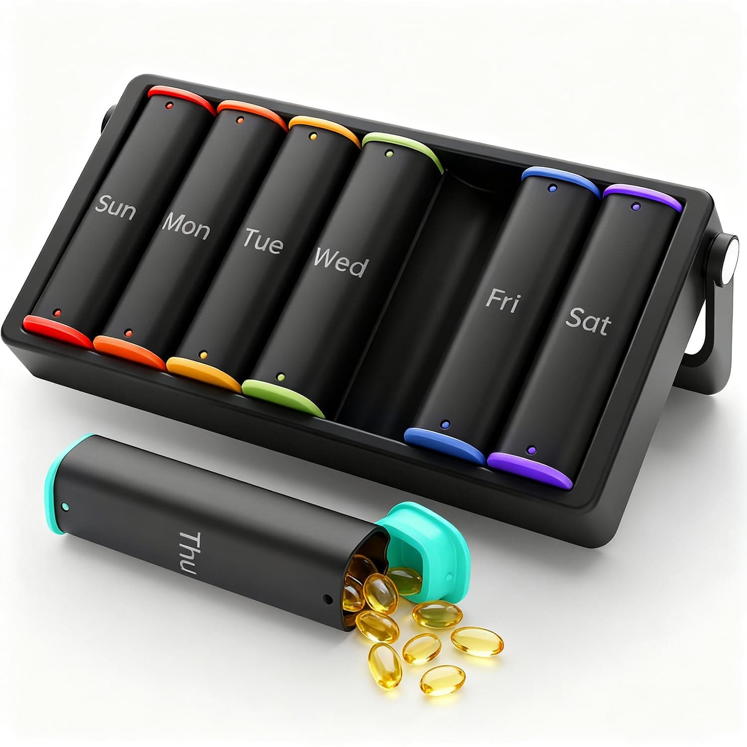 Weekly Pill Organizer 2 Times a Day, Large Travel Pill Box 7 Day, Am Pm Twice Daily Pill Case with Rotatable Handle, Week Pill Holder Container for Vitamin Medicine Supplement Fish Oil, Black