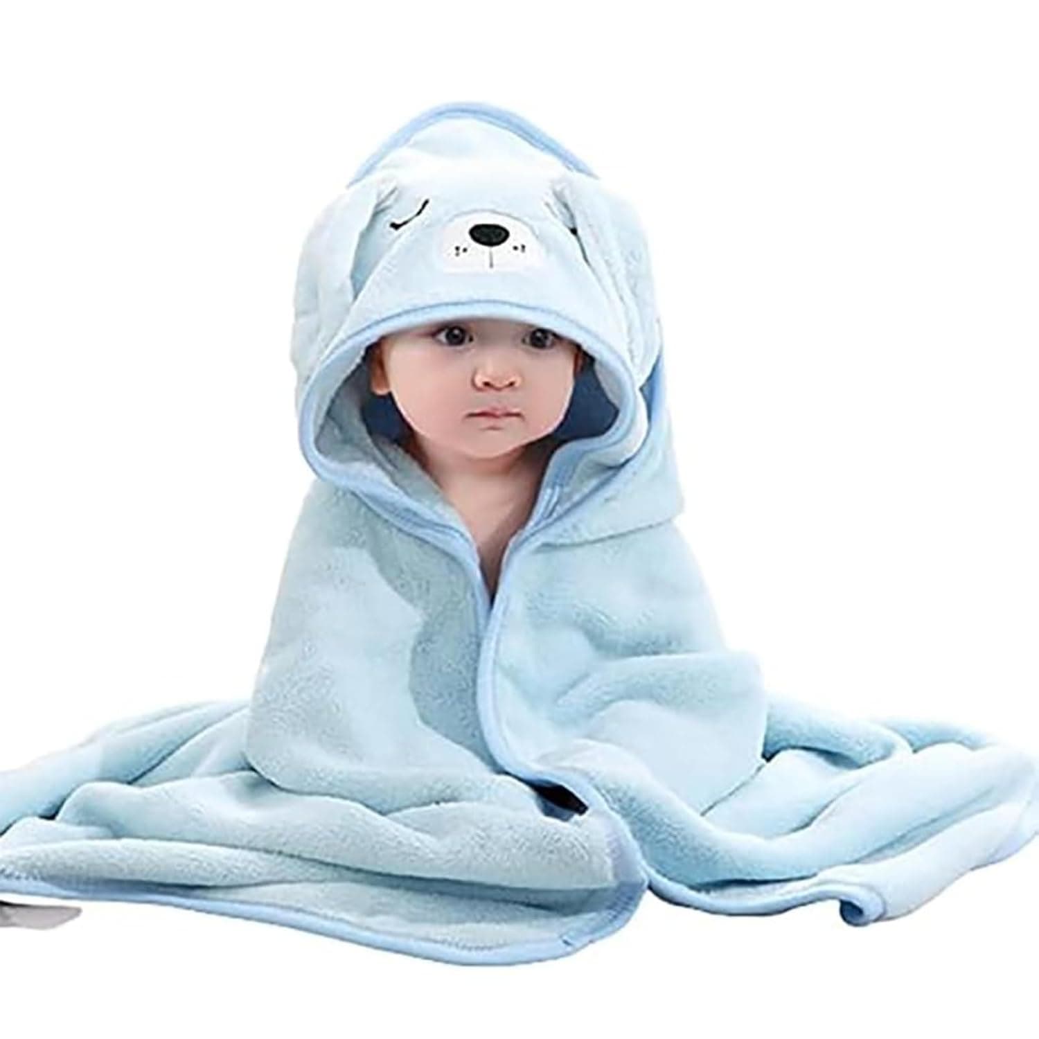 Tazweeq Large 80x80cm Soft Hooded Baby Bath Towel, Absorbent Coral Fleece with Cute Cartoon Animal Design, Perfect Baby Shower Gift for Newborn Boy Girl (Blue)