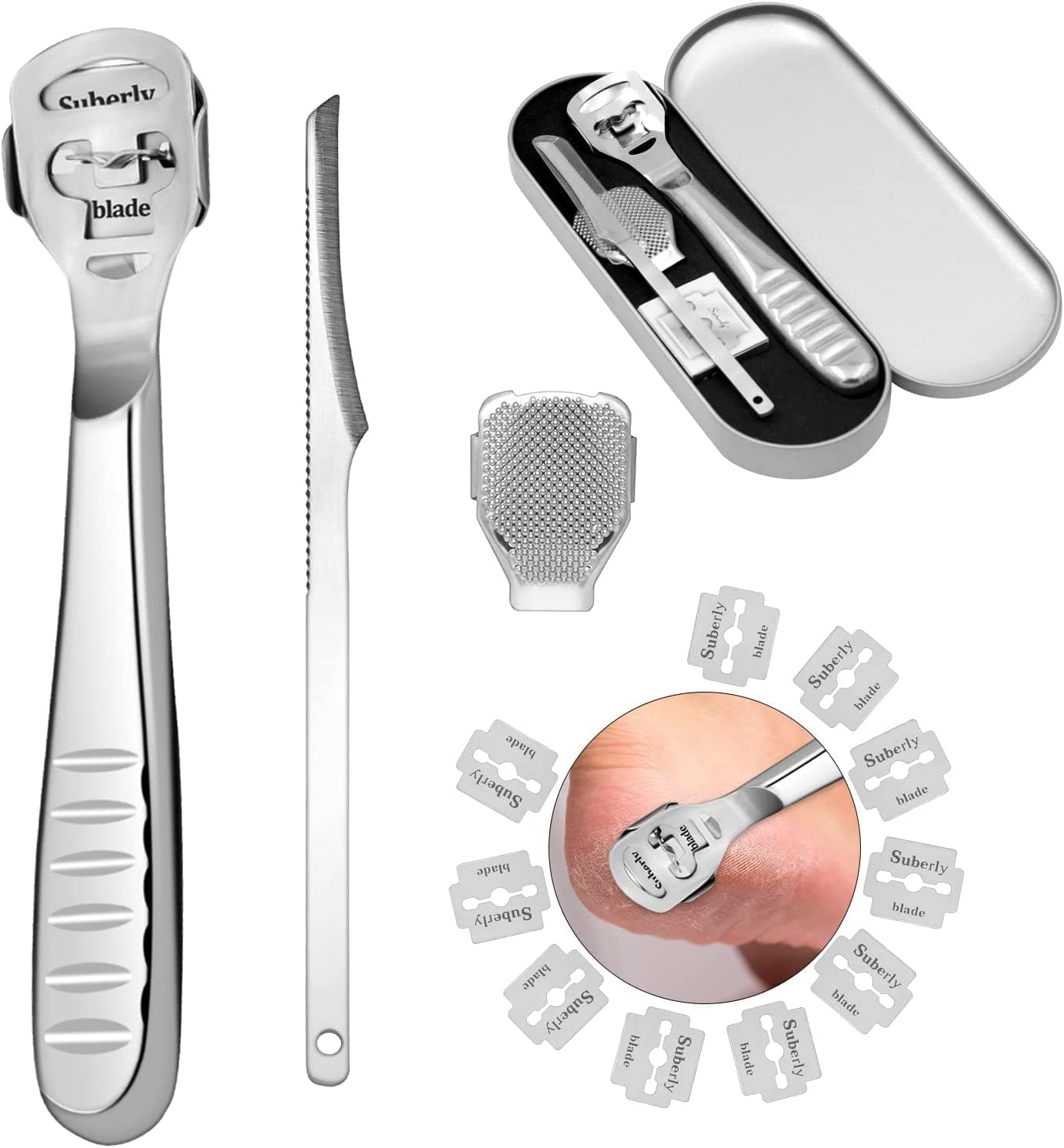 TERRIFI Foot Files for Hard Skin, 2 in 1 Foot Scraper Hard Skin Remover with 10 Replacement, Professional Stainless Steel Pedicure Callus Shaver Set Foot Care Tools (Sliver)