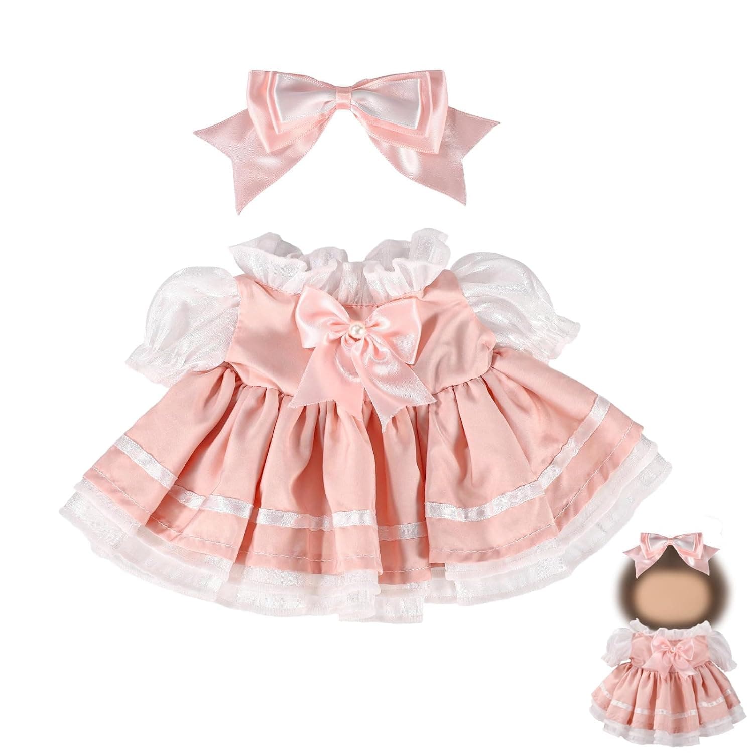 15in Doll Clothes Set, Include 1Pcs Bow Clip And 1Pcs Bow Dress, Cute Outfits and Accessories No Doll Included, Luxury Chic Doll Clothing & Style Bundle for labubu (Pink)