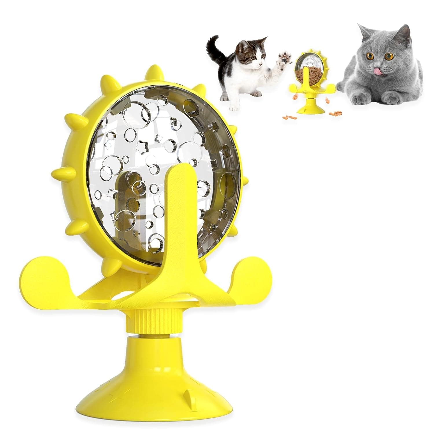Cat Dog Treat Dispenser Toy, Cat Interactive Feeder Pet Food Toys Feeder, Pet Slow Feeder Feed, 360° Degree Rotating Food Leakage Device Rotate with Strong Suction Cup Money Wheel Shape (Yellow)
