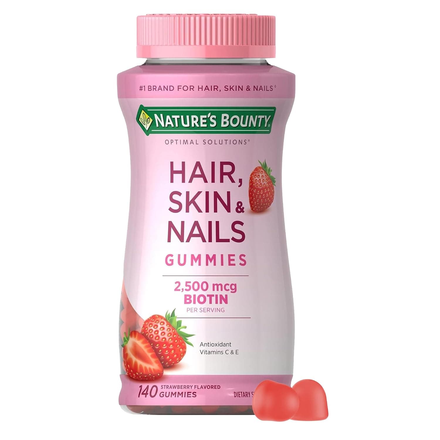 Nature's Bounty Vitamins with Biotin & Vitamin C Optimal Solutions, Hair Skin and Nails Gummies, 140 Count (Pack of 1), Strawberry Flavored