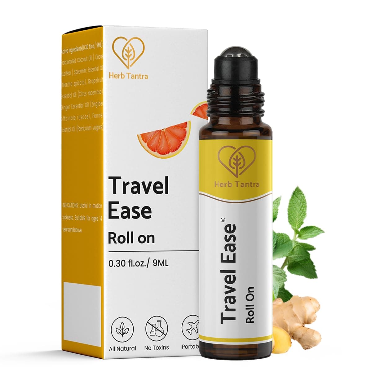 Herb Tantra Travel Ease Roll On |100% Natural Aromatherapy Blend of Ginger, Grapefruit |Quick Aid for Nausea from Motion Sickness, Chemo etc. | 0.3 fl oz
