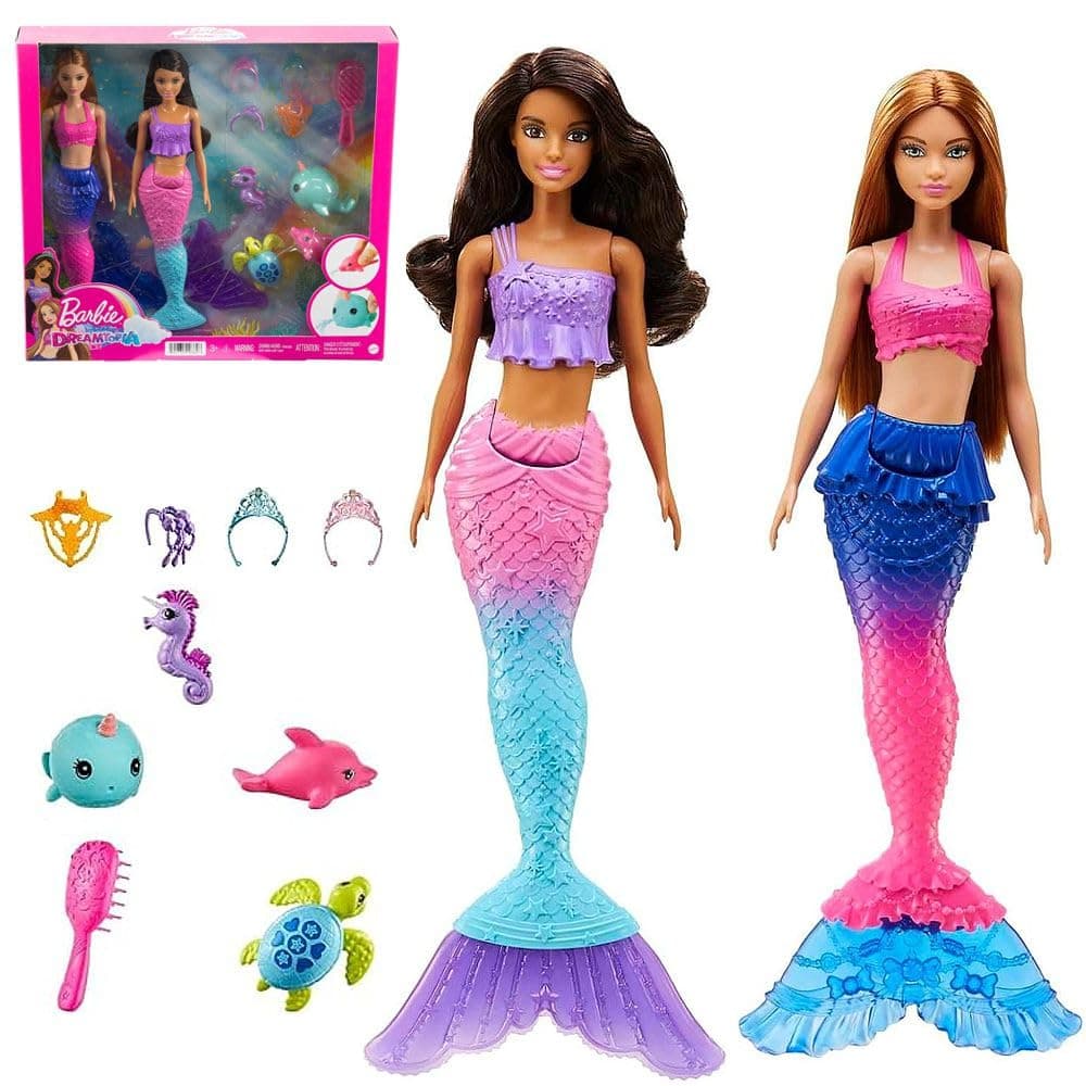 Barbie Mermaid Set With 2 Brunette Dolls (12-In/30.40-Cm), 4 Sea Pet Toys & Accessories