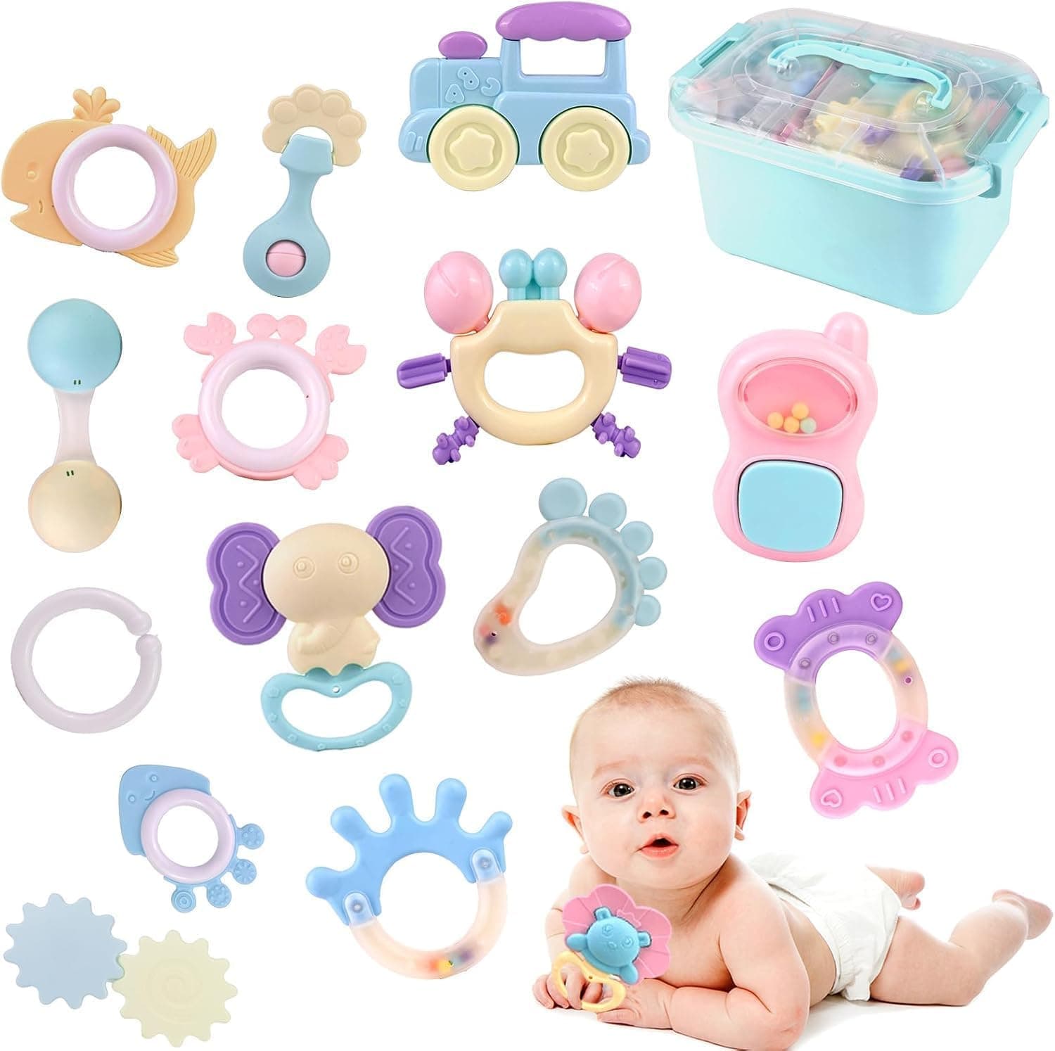 Baby Teether Toy Rattle for Baby Toys 0-12 Months Plus with Storage Box -14 Pcs BPA Free Soft Silicone Teething Toys Newborn Baby Sensory Toys Gifts 3 6 9 12 Months for Early Educational (style 2)