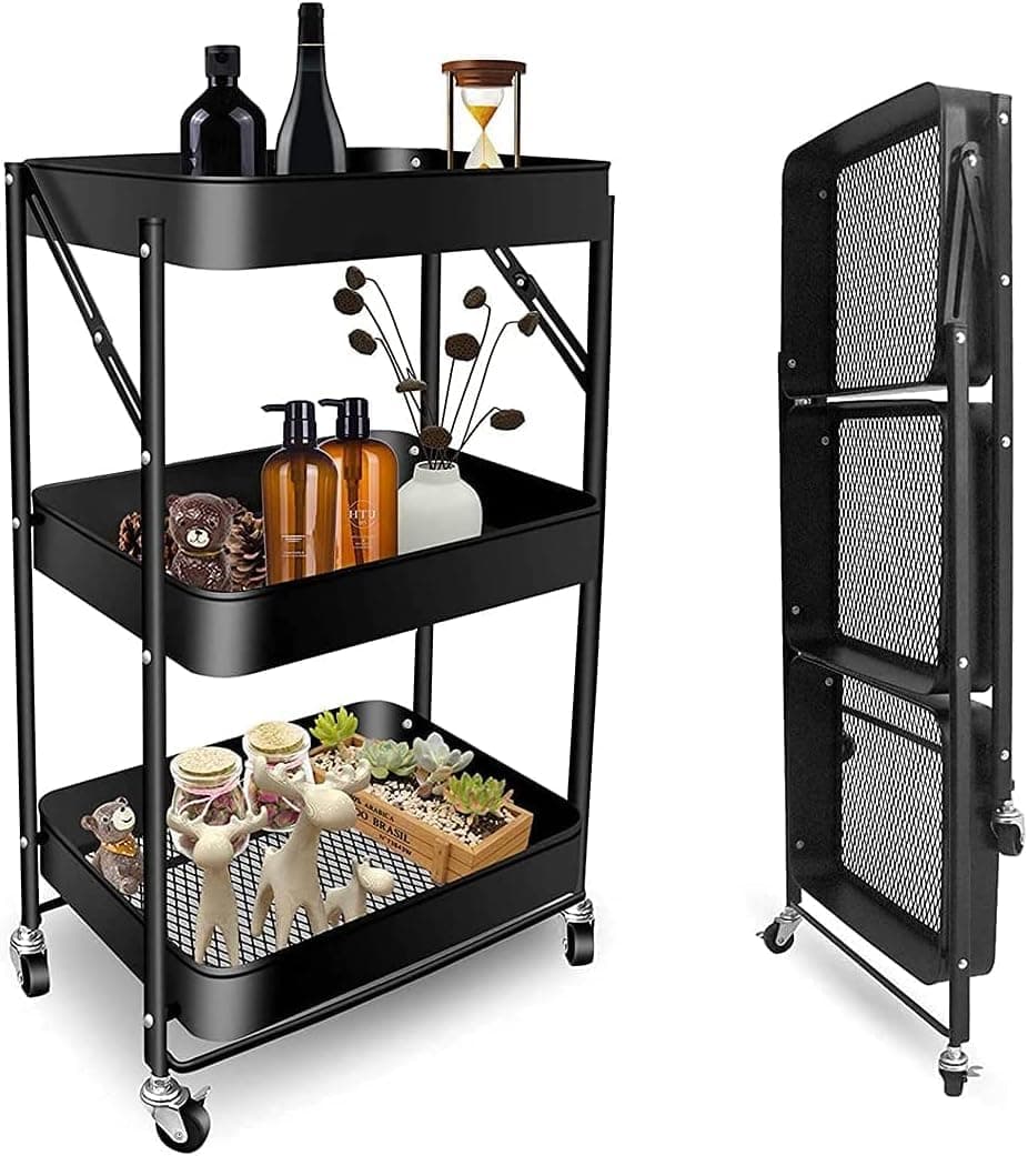 Gogoya Foldable 3 Tier Metal Utility Rolling Cart, Folding Mobile Multi-Function Storage Trolley Organizer Cart for Home Library Office (Black)