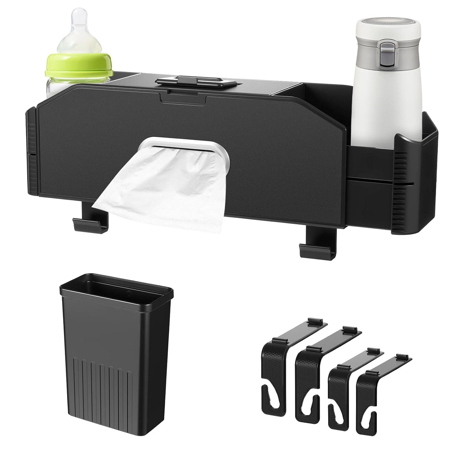 7-in-1 Car Seat Back Organizer, Premium PU Leather | Multifunctional Backseat Storage Console with Dual Cup Holders, Tissue Box, Removable Trash Can & 2 Hooks | Essential Vehicle Travel Accessories