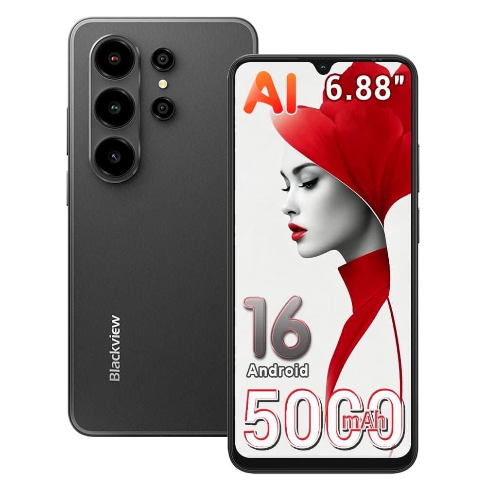 Blackview Wave 10C Android 16 Smartphone Cheap, 16GB+32GB/1TB TF Cheap Mobile Phone, 6.88" HD+, 32MP+13MP AI Camera, 5000mAh Battery, 4G LTE/Dual SIM/WiFi 5/ GPS/OTG/FM/Mobile Case, Black