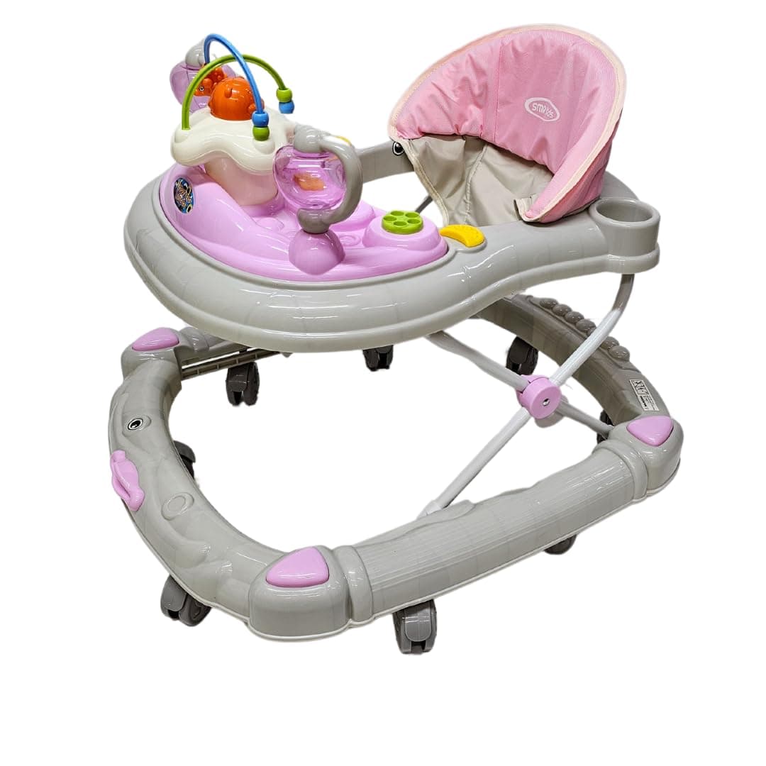 SMR kids BW09 Baby Walker with Multiple Adjustable Heights, Removable Board to Become a Food Tray, 6 Wheels from 6 to 18 Months 70 X 58 X 40 Pink