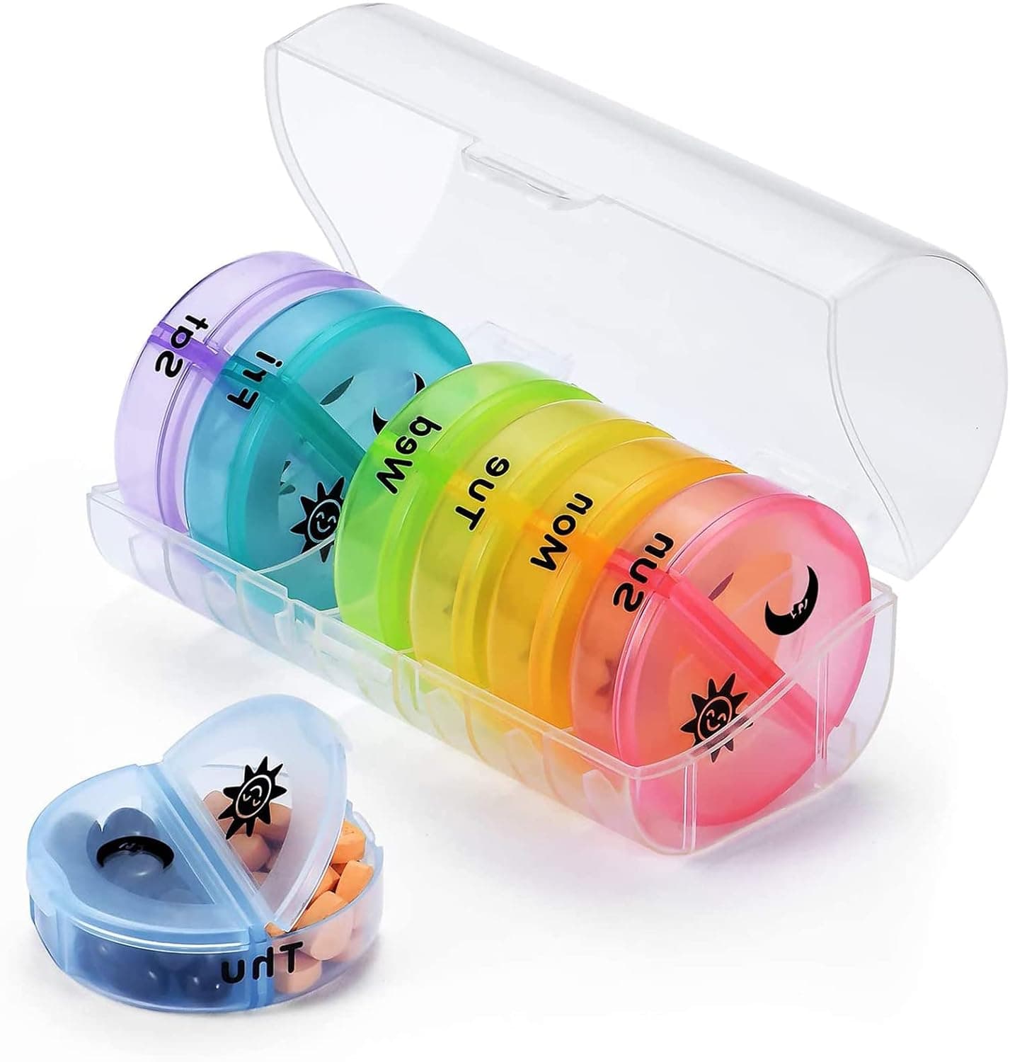 Weekly Pill Organizer, Round Storage Case, Weekly AM/PM Pill Box, Daily Box for Reminder, 7 Days 2 Times a Day, for Vitamin/Fish Oils/Supplement