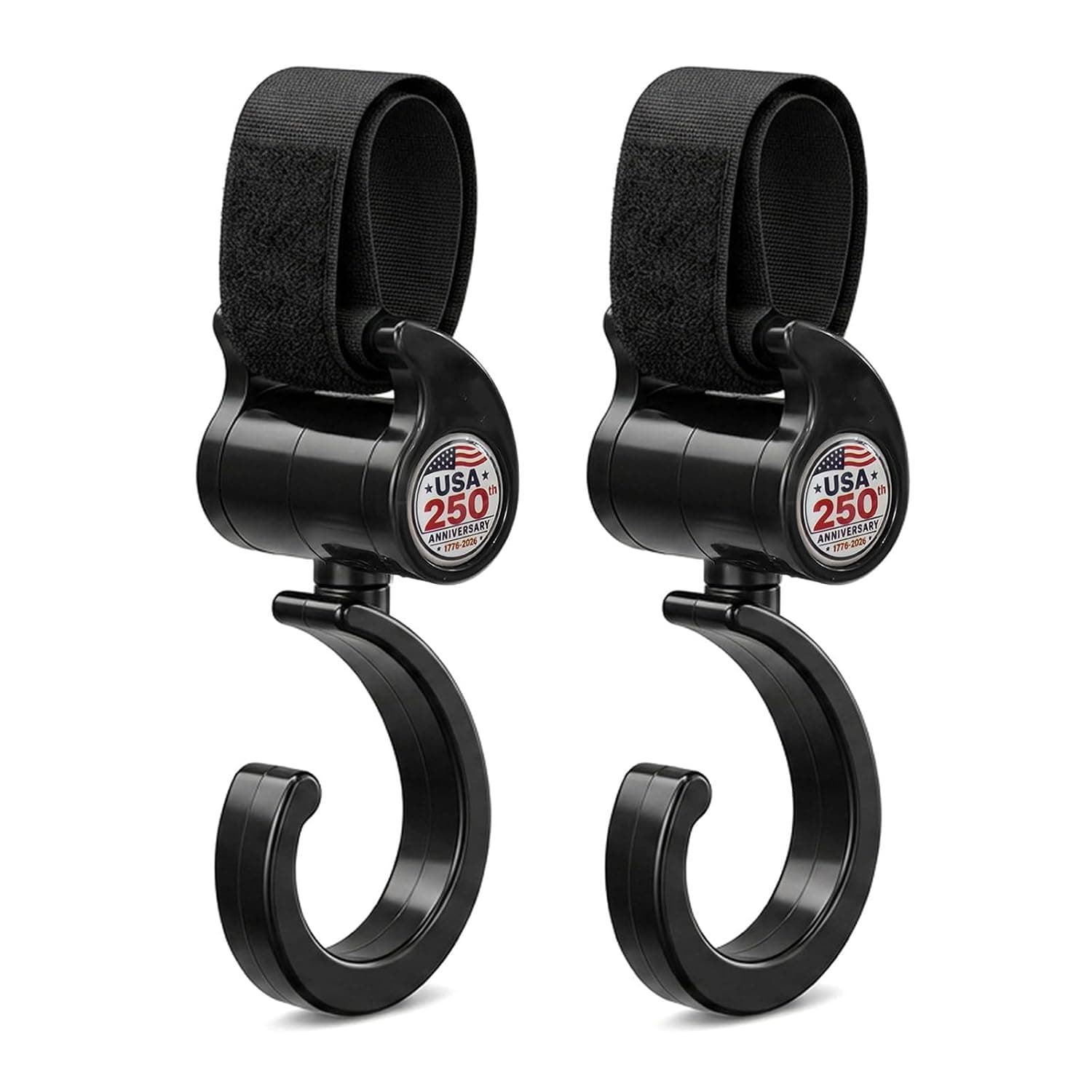 2 Pcs Baby Stroller Hooks - Open Stroller Clip with 360°-Swivel Neck & Extra Strong Strap, Baby Travel Essential, Easy Universal Walker Rollator Wheelchair Shopping Cart Pushchair, Black