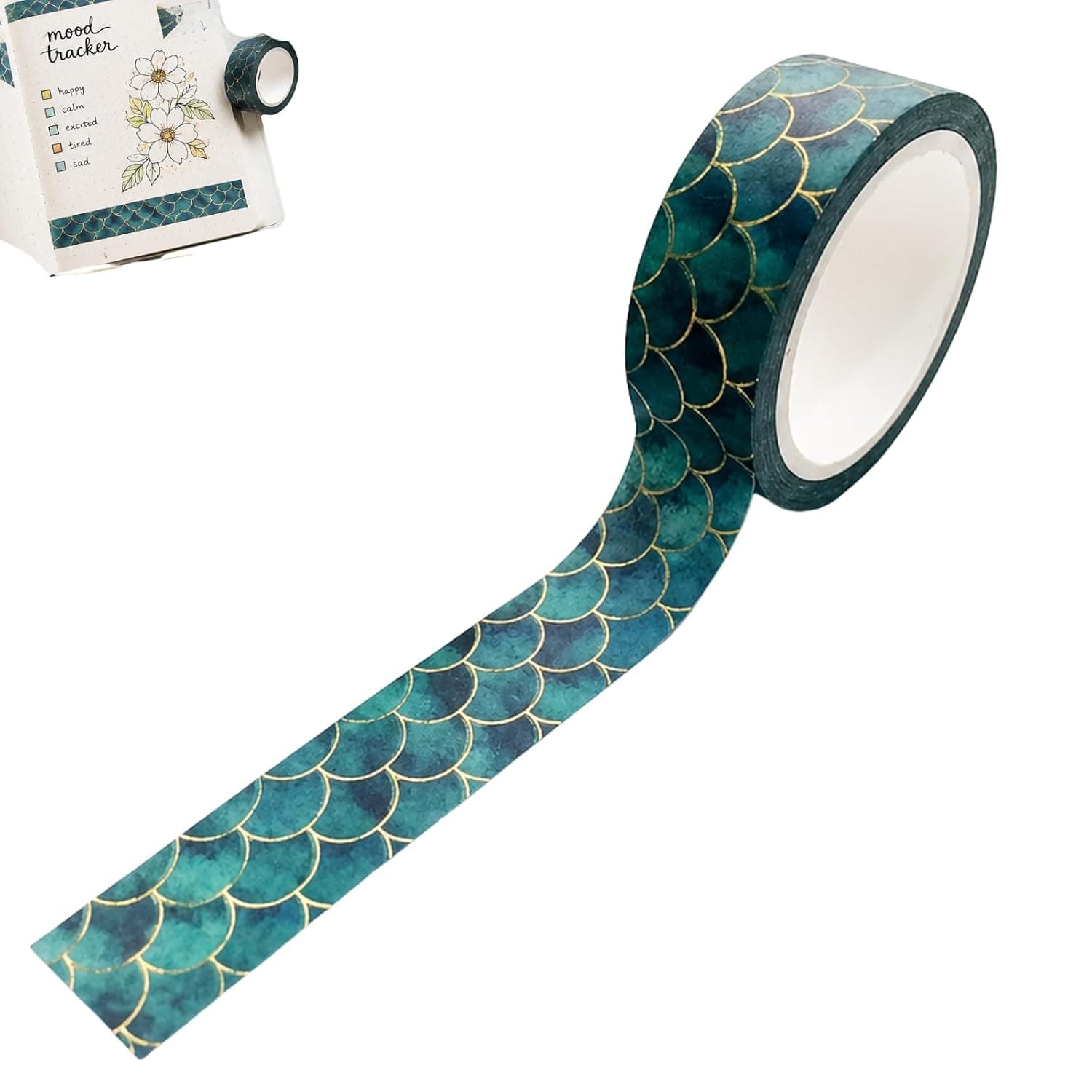 Decorative Washi Tape, Green Mermaid Fish Scale Design for DIY Crafts, Gift Wrapping, Journals