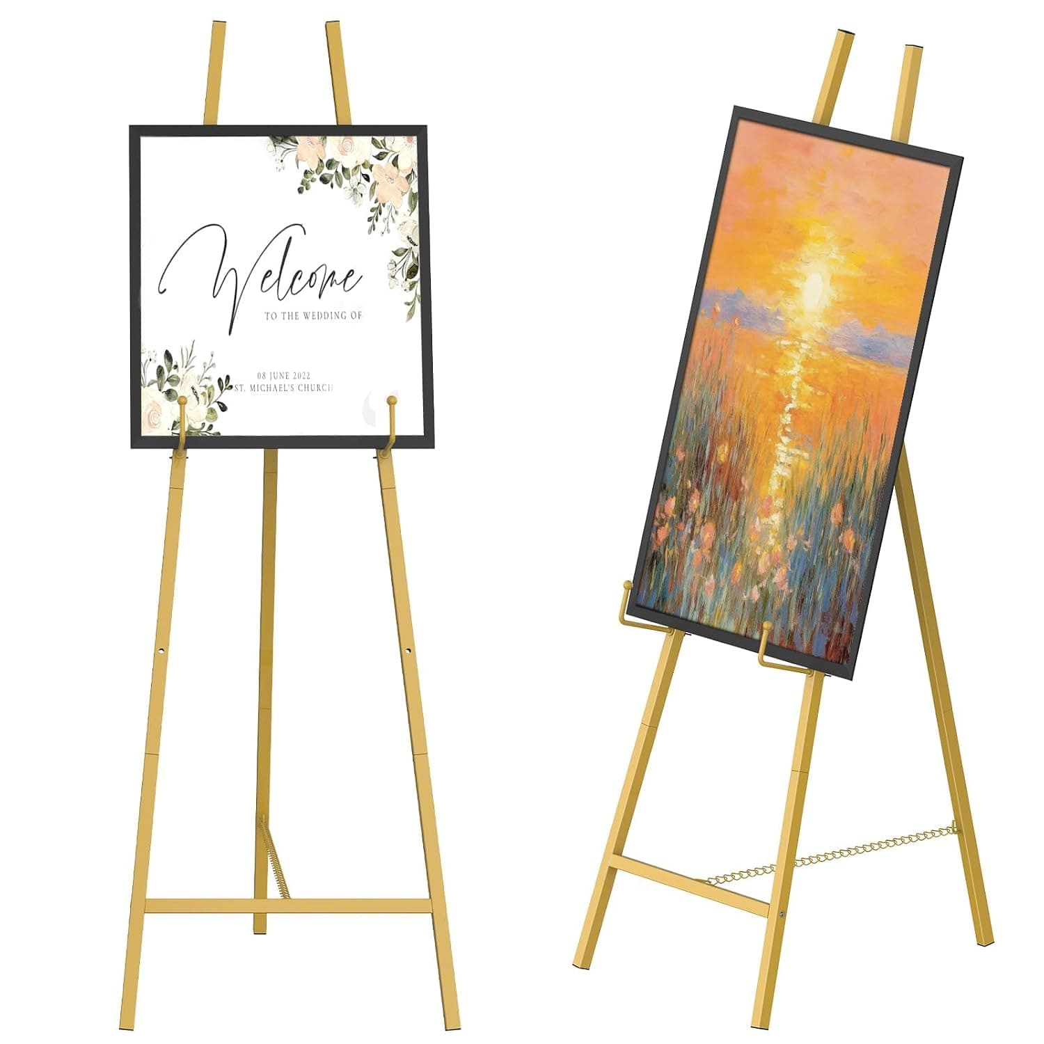 Metal Scroll Display Easel, Vintage Gold Decorative Large Adjustable Floor Standing Easel with Chain Support, Arts Crafts Painting Drawing Art Supplies Easels for Picture Frame Wedding Sign