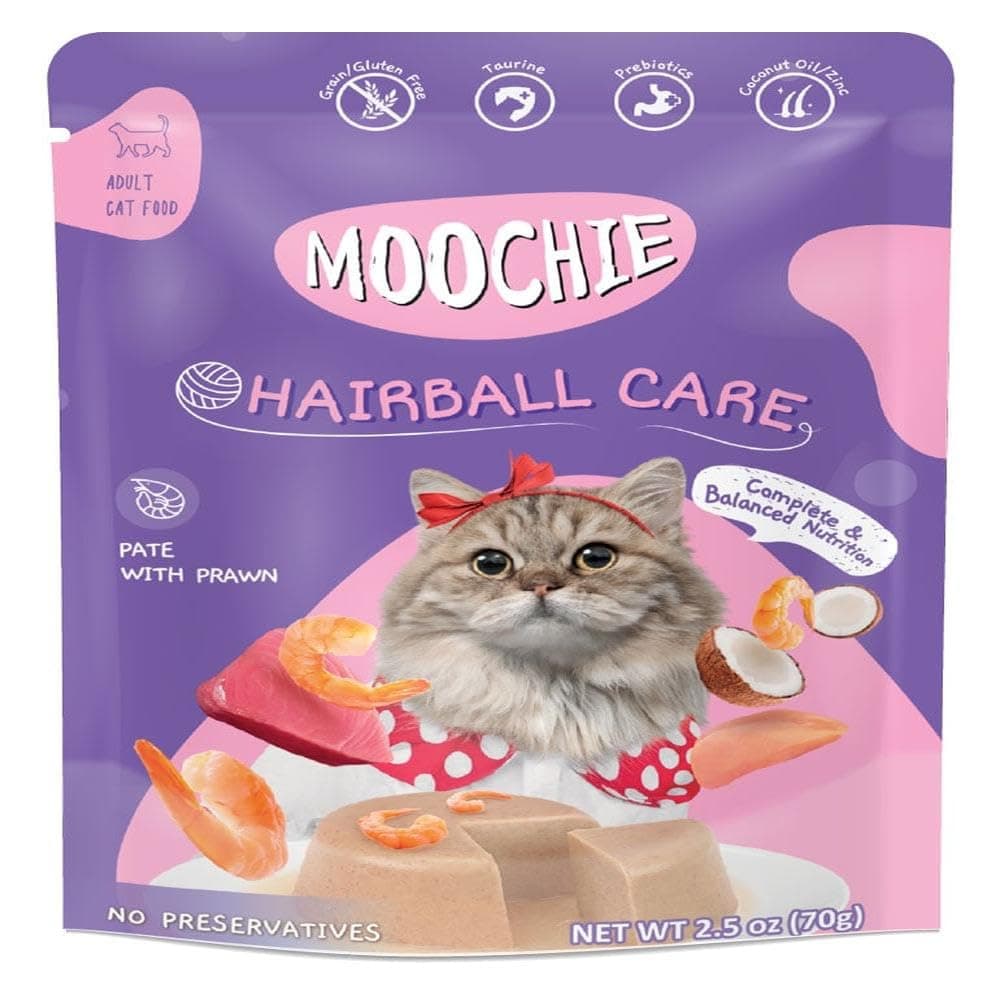 Moochie Hairball Care Cat Wet Food with Prawn for Adults – 12×70 g