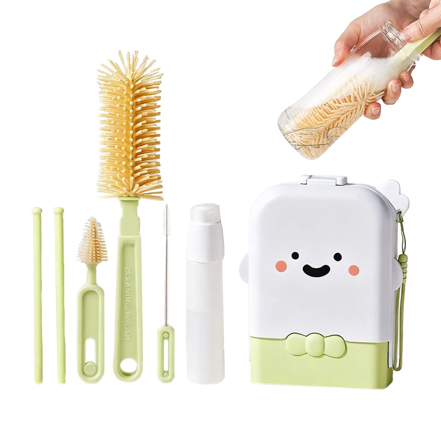 Infant Bottle Cleaning Kit Foldable Drying Rack, Scrubber, Washer | Infant Bottle Cleaning Set with Storage Case for Travel, Airplane, Flying, Beach, Camping, Kitchen, Feeding