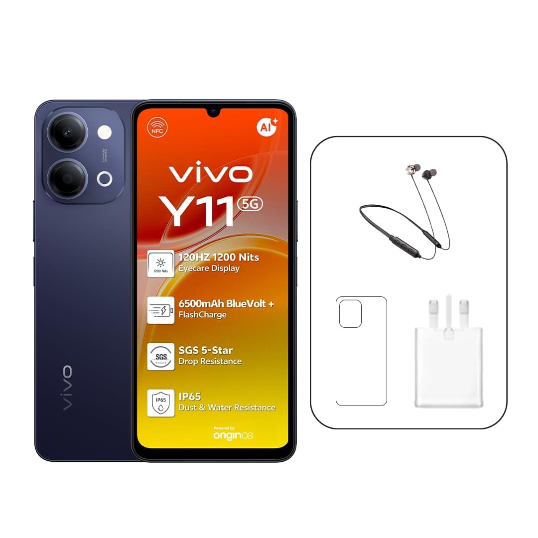 vivo Y11 5G (Black, 4+4GB RAM, 128 GB) 44W charger | 120 Hz| IP65 | NFC | Exclusive Neckband, 24 Months Warranty and 6 Months Screen Protection