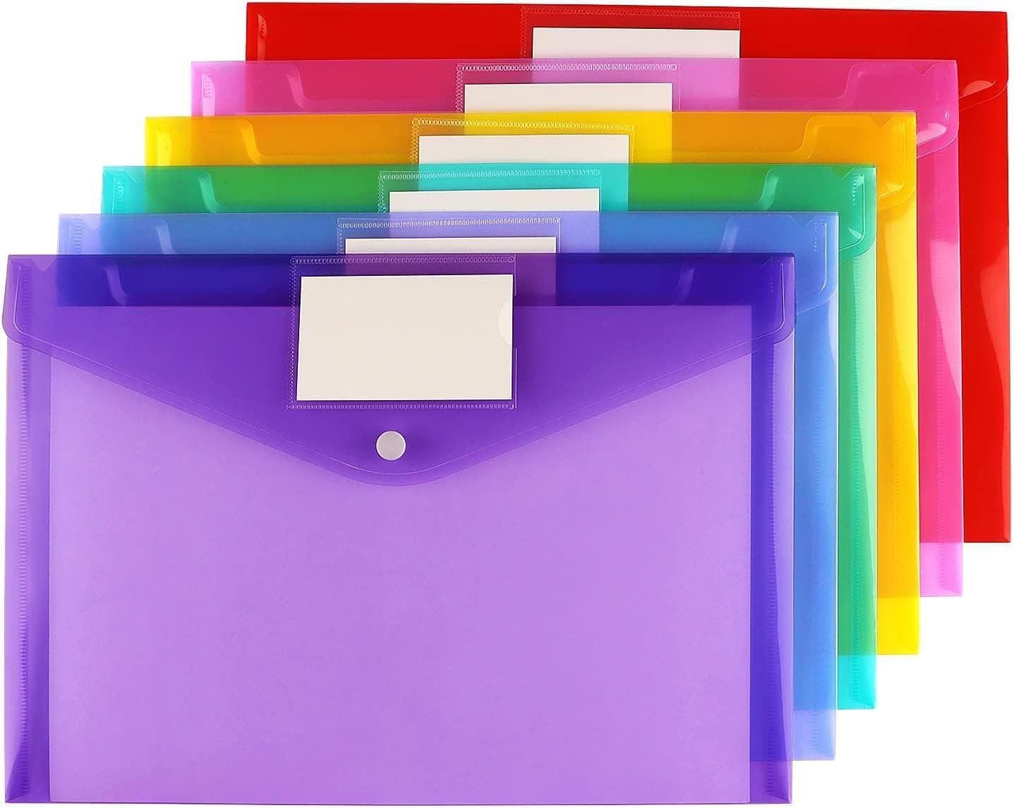 6 Pack Clear Document Folders Plastic Envelopes Poly Envelopes File with Label Pocket and Snap Button for Home Work Office Organization, Letter Size/A4 Size, 6 Colors