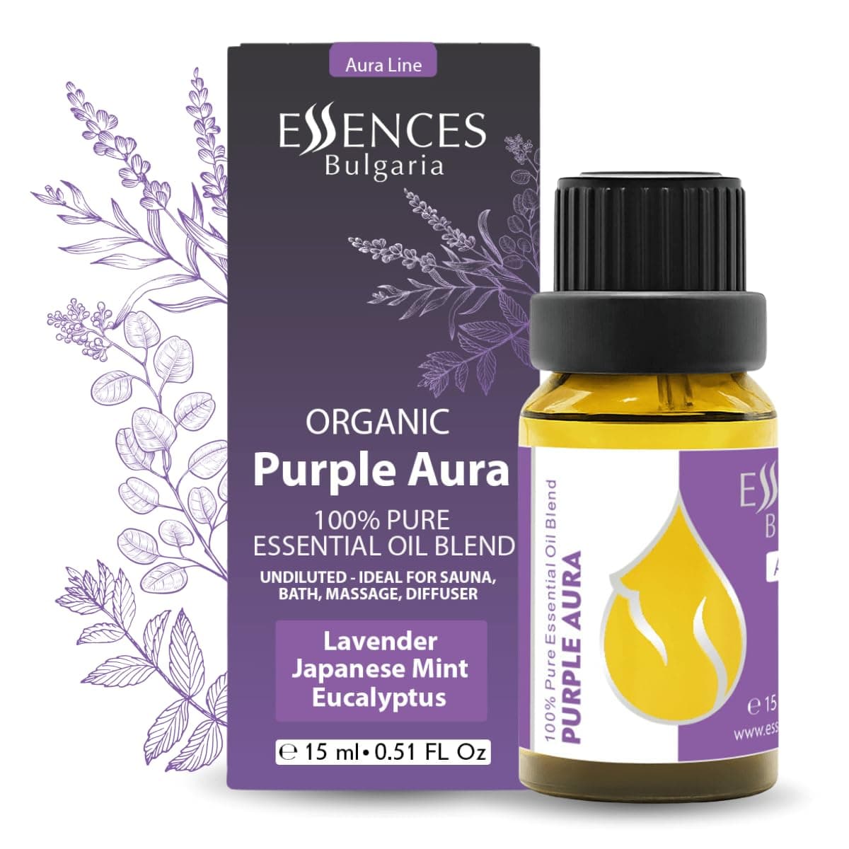 Essences Bulgaria Purple Aura Organic Essential Oil Blend 0.51 Fl Oz | 15ml | Lavender, Japanese Mint, Eucalyptus | Aromatherapy, Sauna & SPA | 100% Pure & Natural | Undiluted